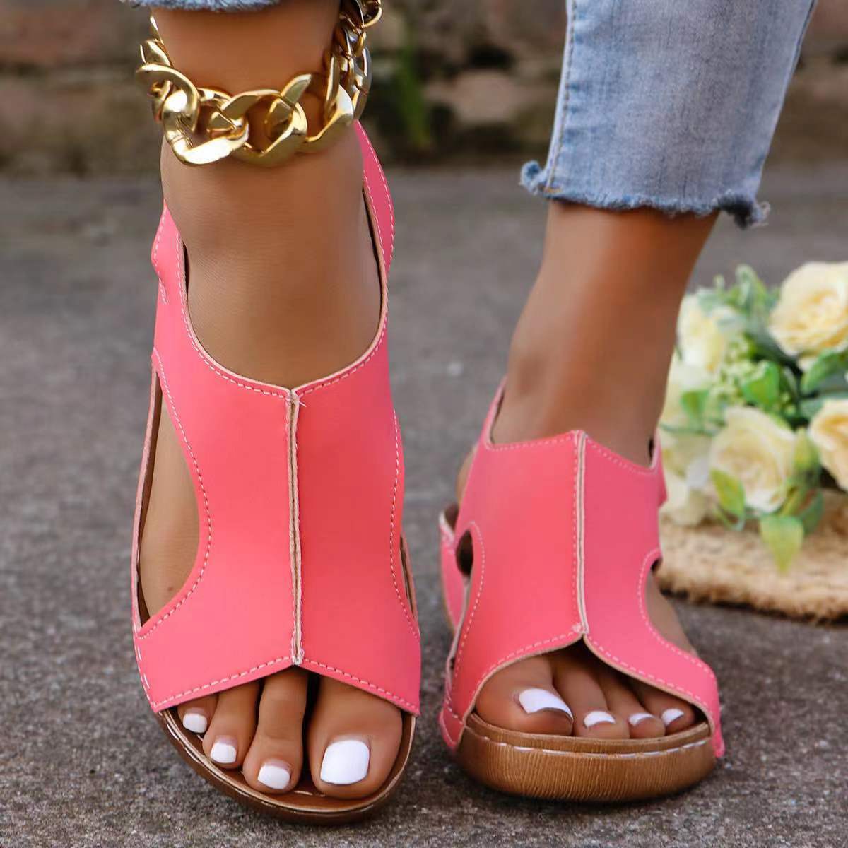 Summer Wedges Sandals With Elastic Band Design Casual Fish Mouth Shoes For Women
