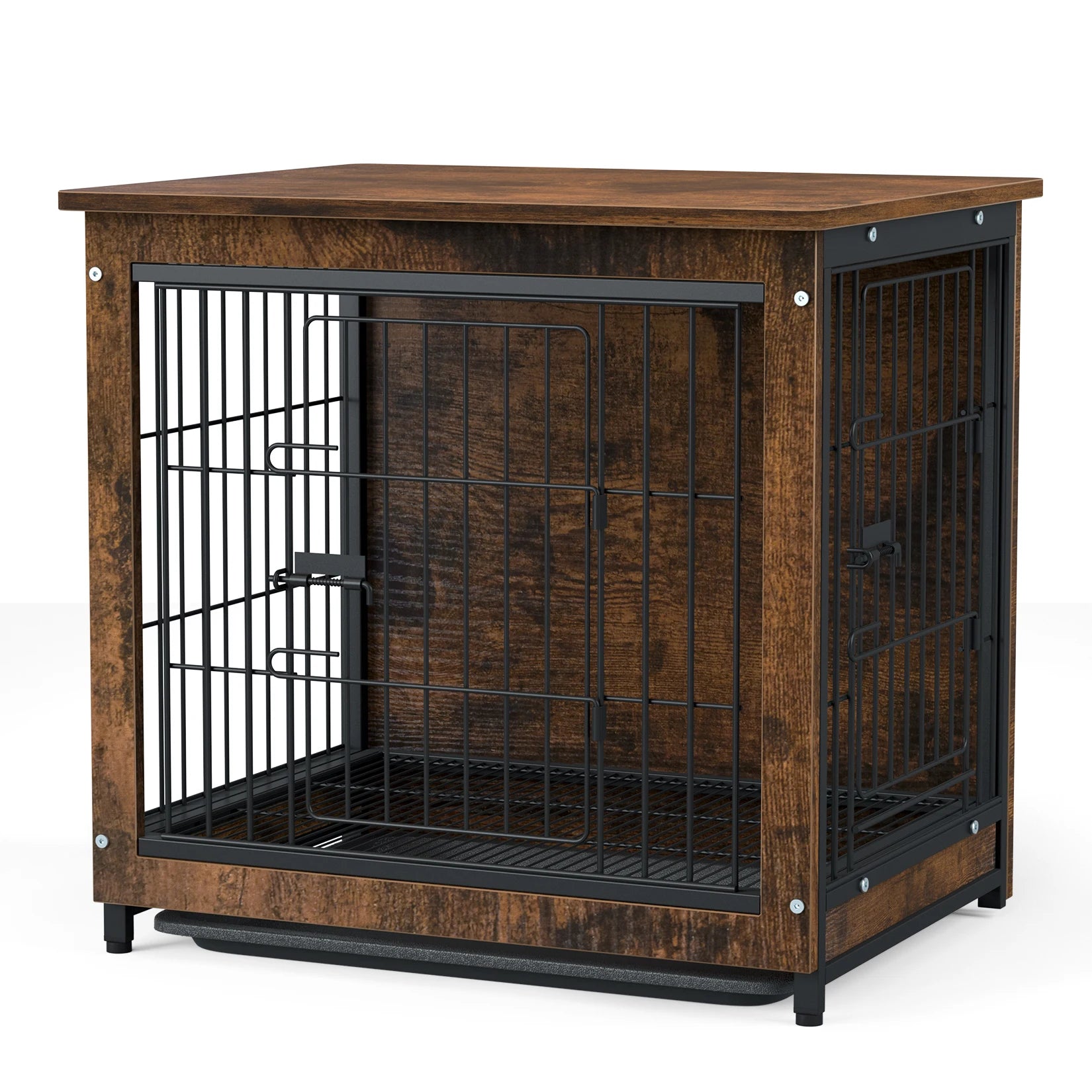 Vintage Dog Cage End Table Indoor Wooden Kennel Pet Crate with Double Doors Removable Tray