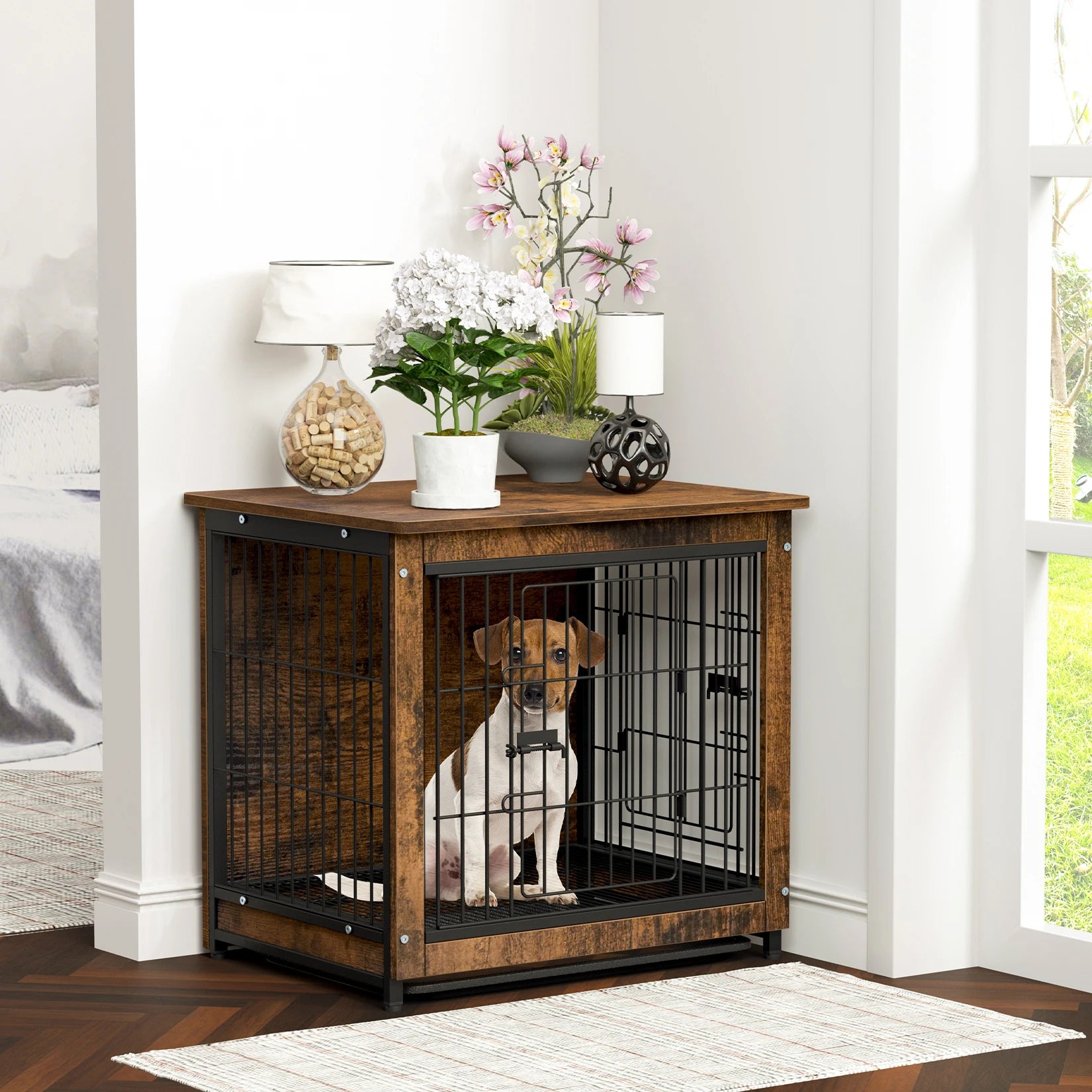 Vintage Dog Cage End Table Indoor Wooden Kennel Pet Crate with Double Doors Removable Tray