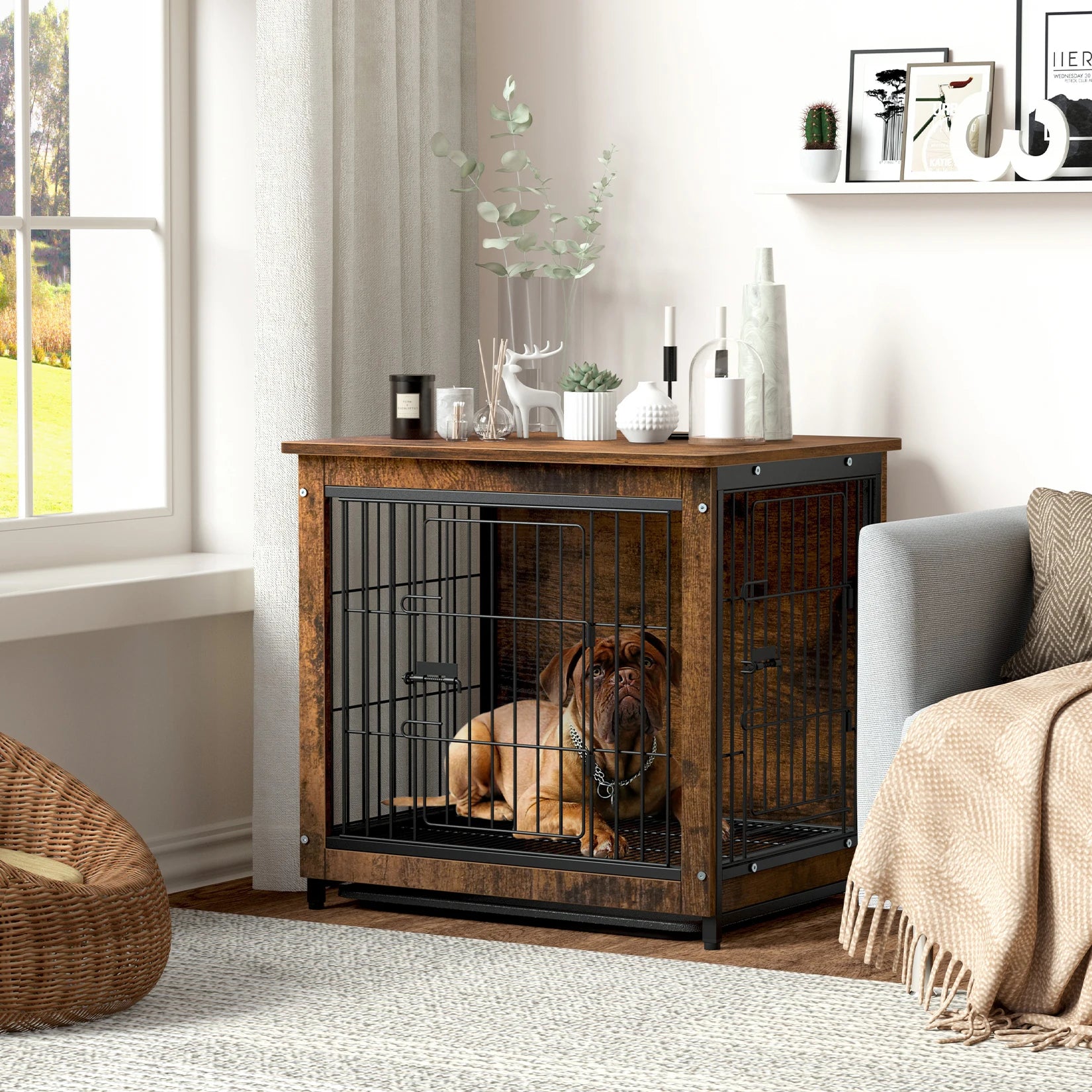 Vintage Dog Cage End Table Indoor Wooden Kennel Pet Crate with Double Doors Removable Tray