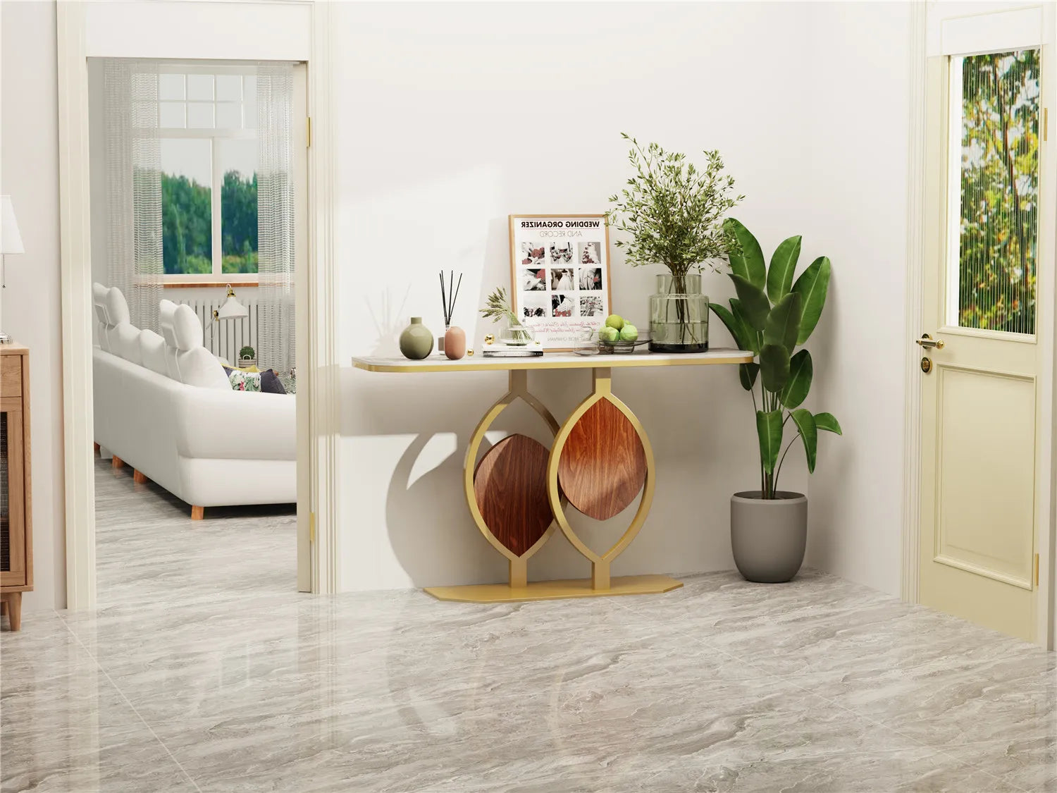 Modern Gold Console Table with Geometric Metal Base, Sintered Stone Narrow Entryway Table Foyer Table for Entrance, Living Room