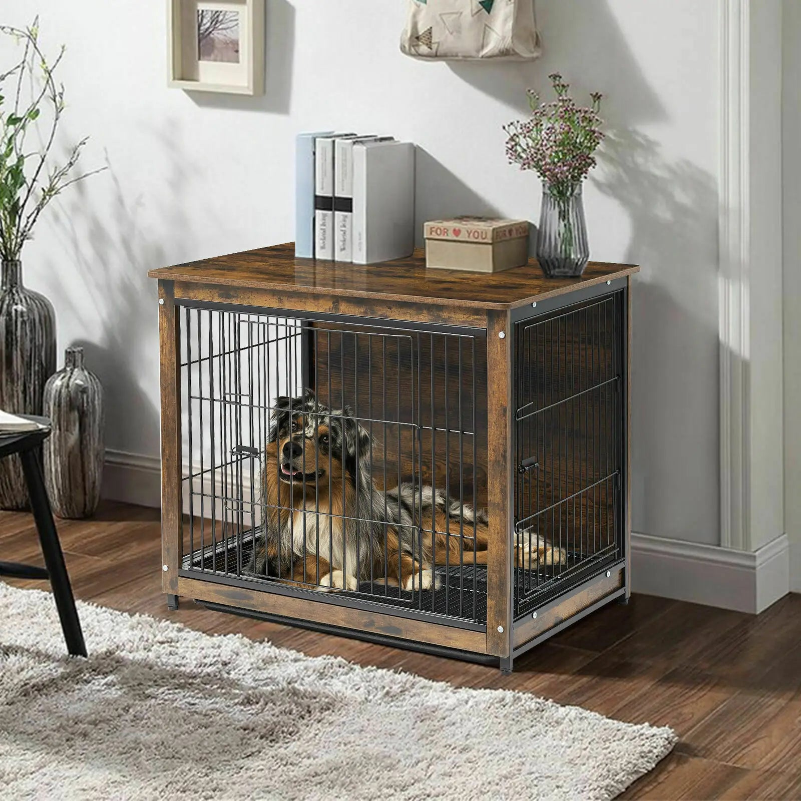Vintage Dog Cage End Table Indoor Wooden Kennel Pet Crate with Double Doors Removable Tray