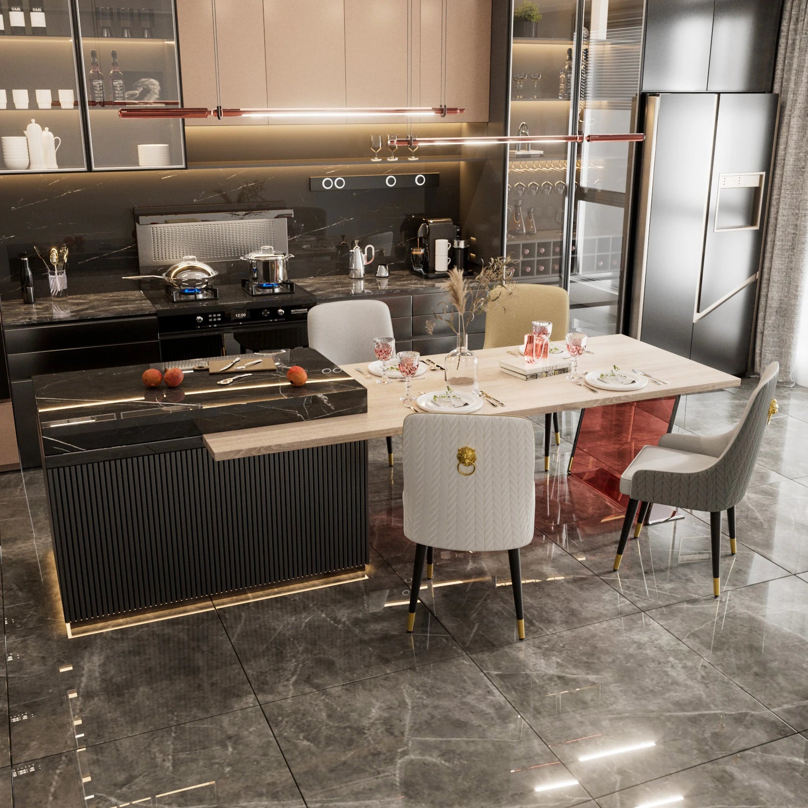 Modern PU Leather Set of 2 Dining Chairs with Metal Legs High Tufted Back Lion Head Pull Ring