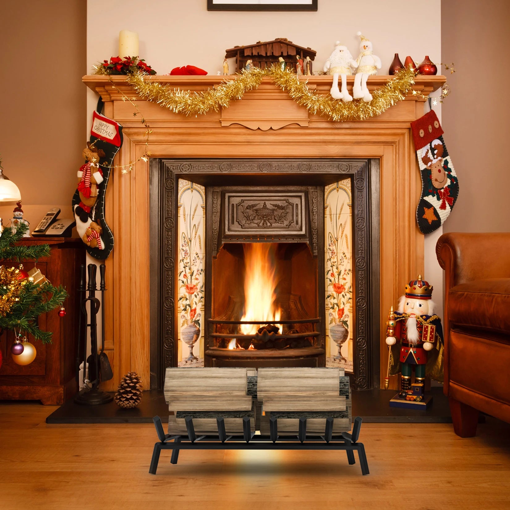 Fireplace Grate 26.4 inch Solid Steel Heavy Duty Firewood Log Burning Rack Bar Fire Grates for Outdoor Kindling Tools Pit