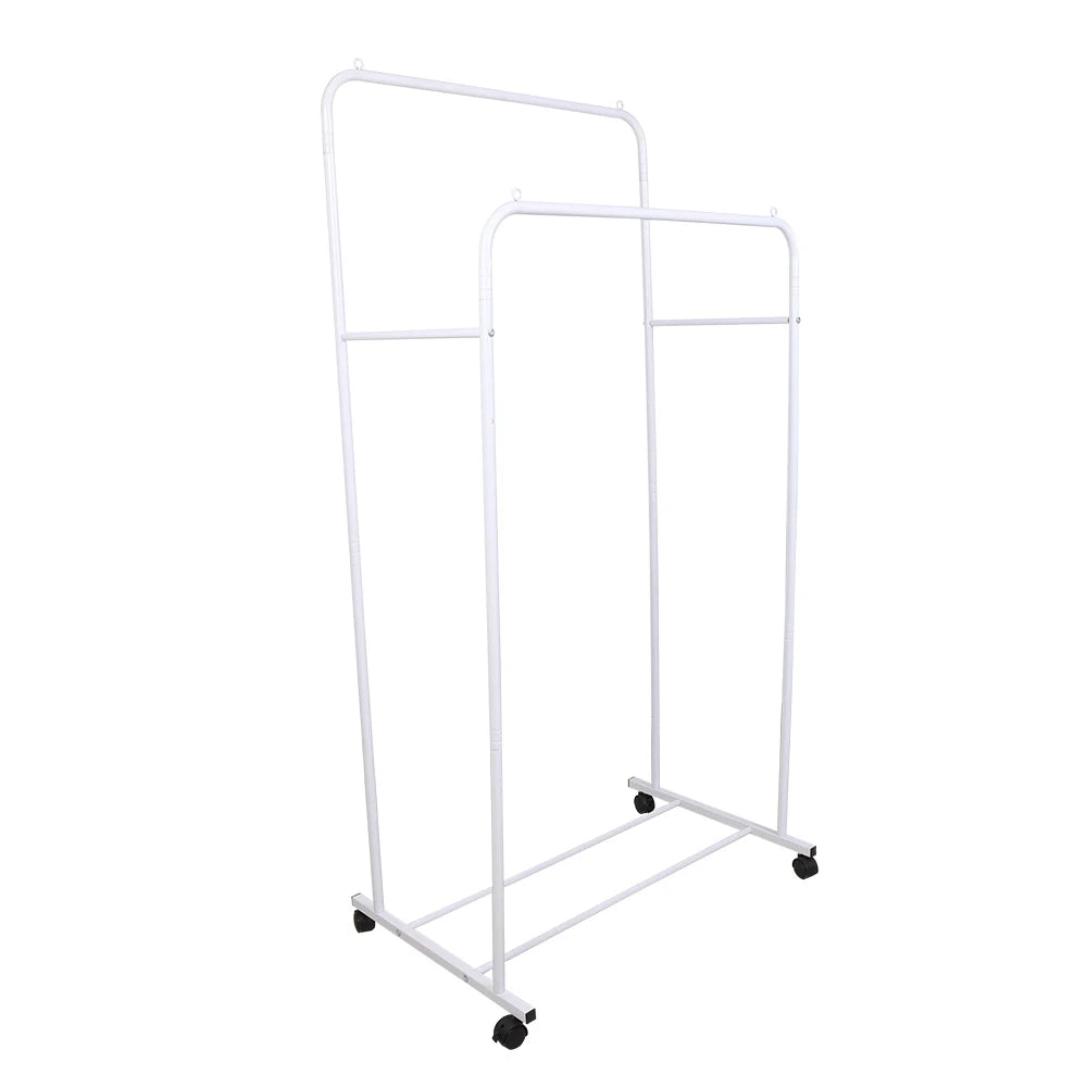 Heavy Duty Clothes Rack Garment Rail Rolling Stand Two Top Rod & Lower Storage