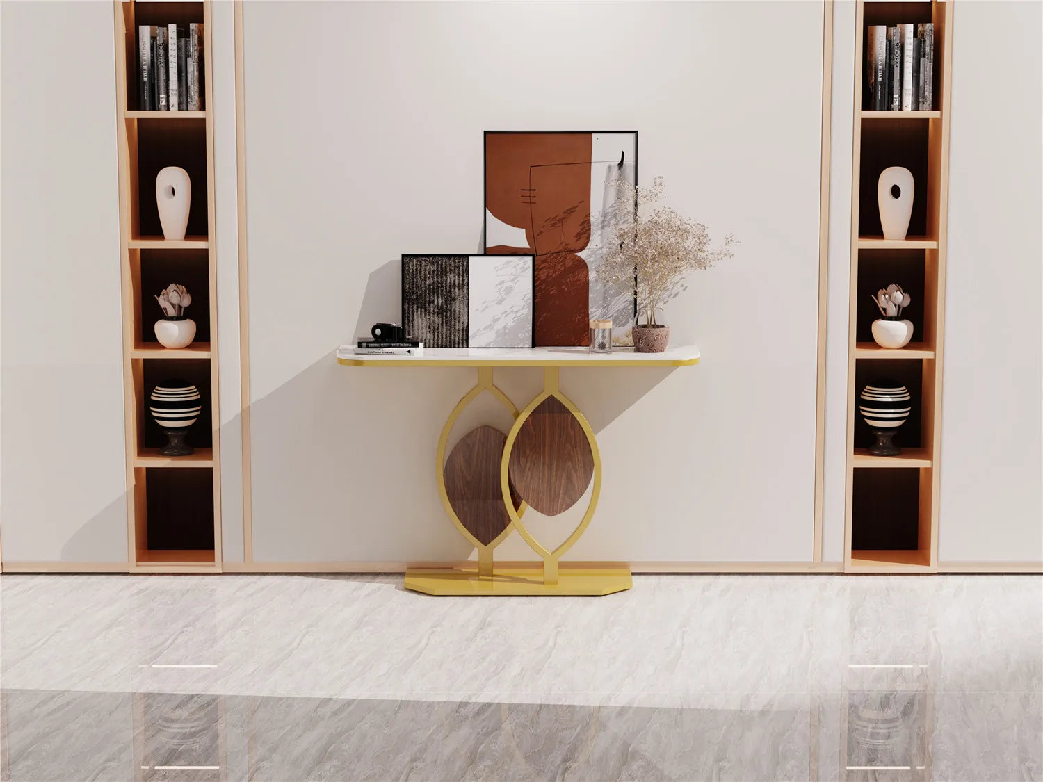 Modern Gold Console Table with Geometric Metal Base, Sintered Stone Narrow Entryway Table Foyer Table for Entrance, Living Room