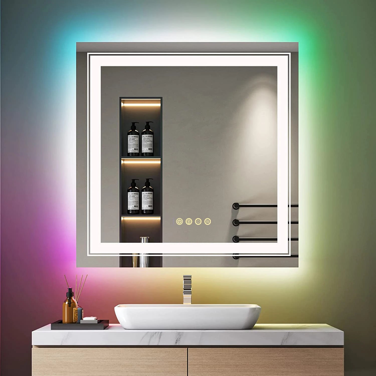 RGB Backlit Front Lighted Mirror 32 Inch Square Dimmable 11 Color Changing Smart Anti-Fog Vanity Mirrors with Light Memory