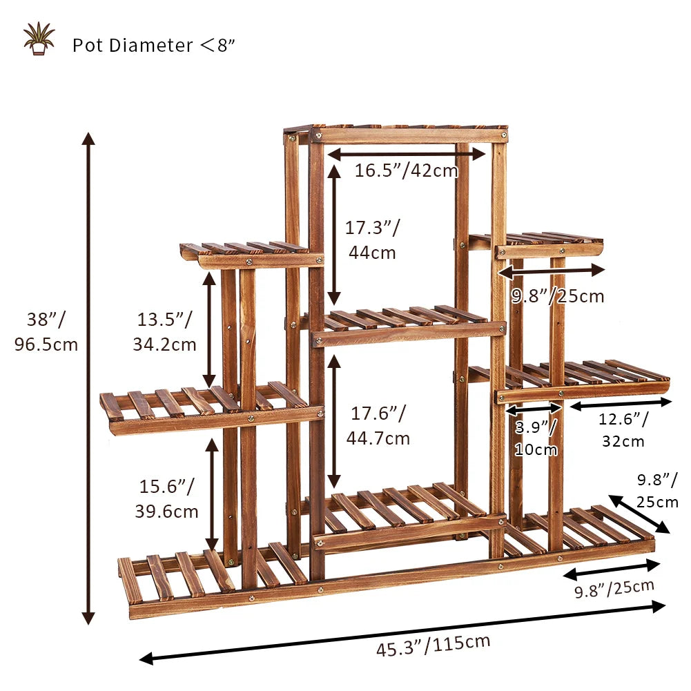 Multi-tiered Plant Stand 9 Tier Carbonized Wood Flower Rack Display Stand Indoor