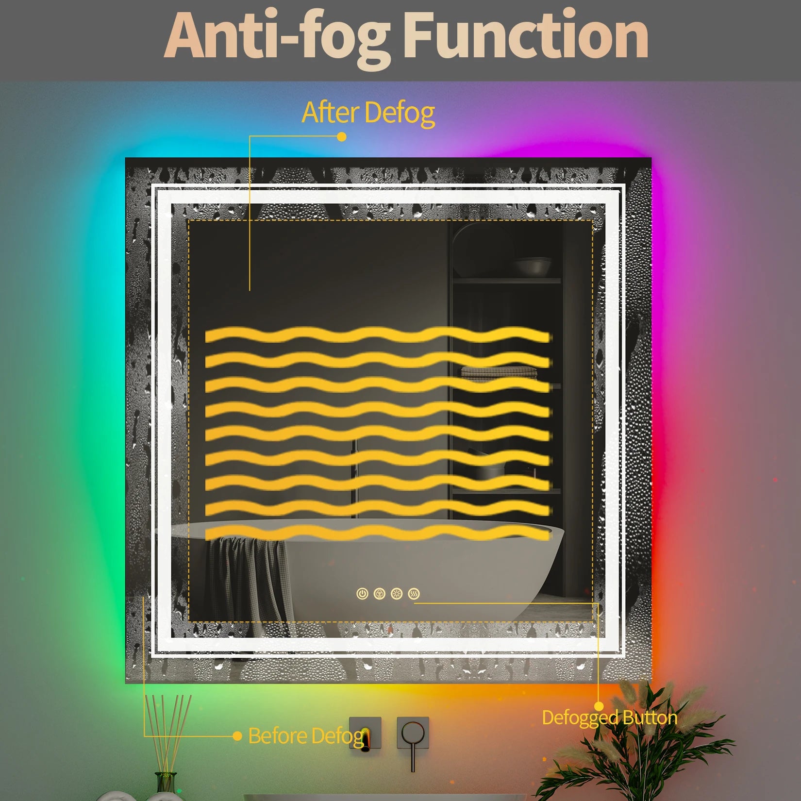 RGB Backlit Front Lighted Mirror 32 Inch Square Dimmable 11 Color Changing Smart Anti-Fog Vanity Mirrors with Light Memory