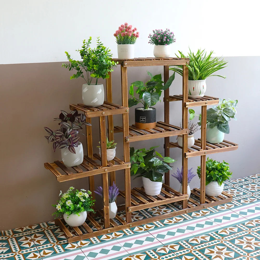 Multi-tiered Plant Stand 9 Tier Carbonized Wood Flower Rack Display Stand Indoor
