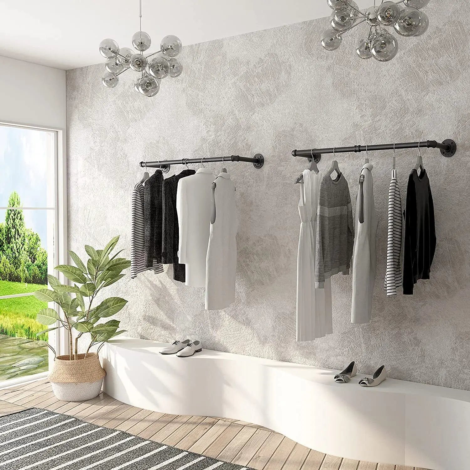 Pack Of 2 Industrial Pipe Clothes Rail Rack Wall-mounted Garment Pipe Rack Wall Iron Closet Organizer Garment Hanging Rod