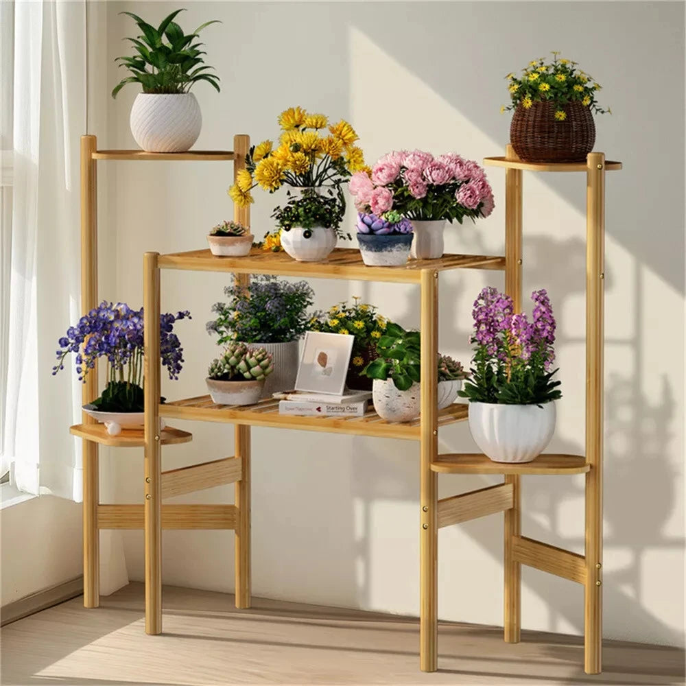 Wisfor Bamboo Plant Shelf Indoor 6 Tier Tall Corner Plant Shelves Holder & Plant Display Rack for Outdoor Garden Indoor Home