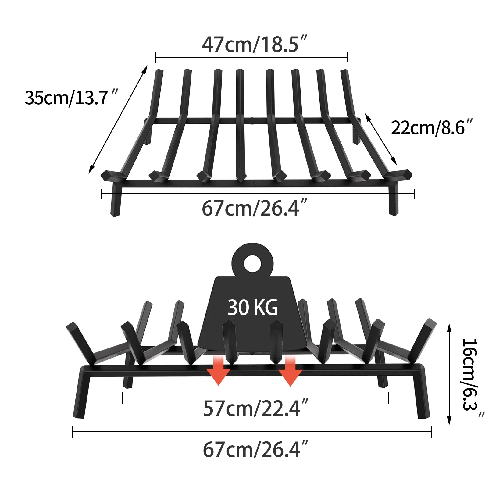 Fireplace Grate 26.4 inch Solid Steel Heavy Duty Firewood Log Burning Rack Bar Fire Grates for Outdoor Kindling Tools Pit
