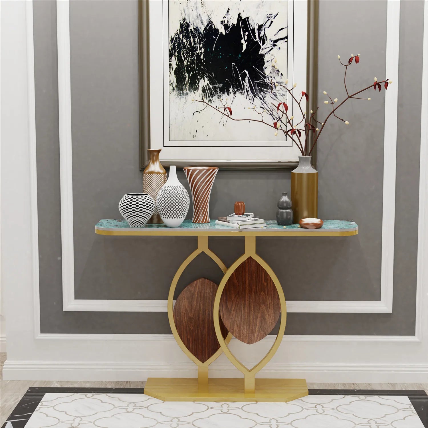 Modern Gold Console Table with Geometric Metal Base, Sintered Stone Narrow Entryway Table Foyer Table for Entrance, Living Room