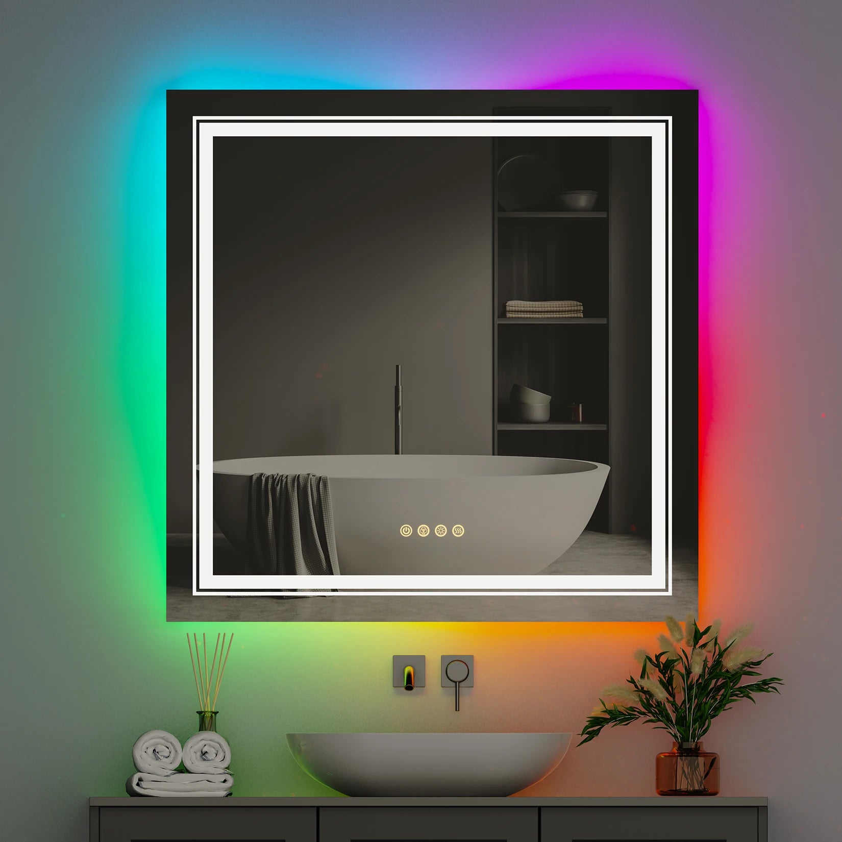 RGB Backlit Front Lighted Mirror 32 Inch Square Dimmable 11 Color Changing Smart Anti-Fog Vanity Mirrors with Light Memory