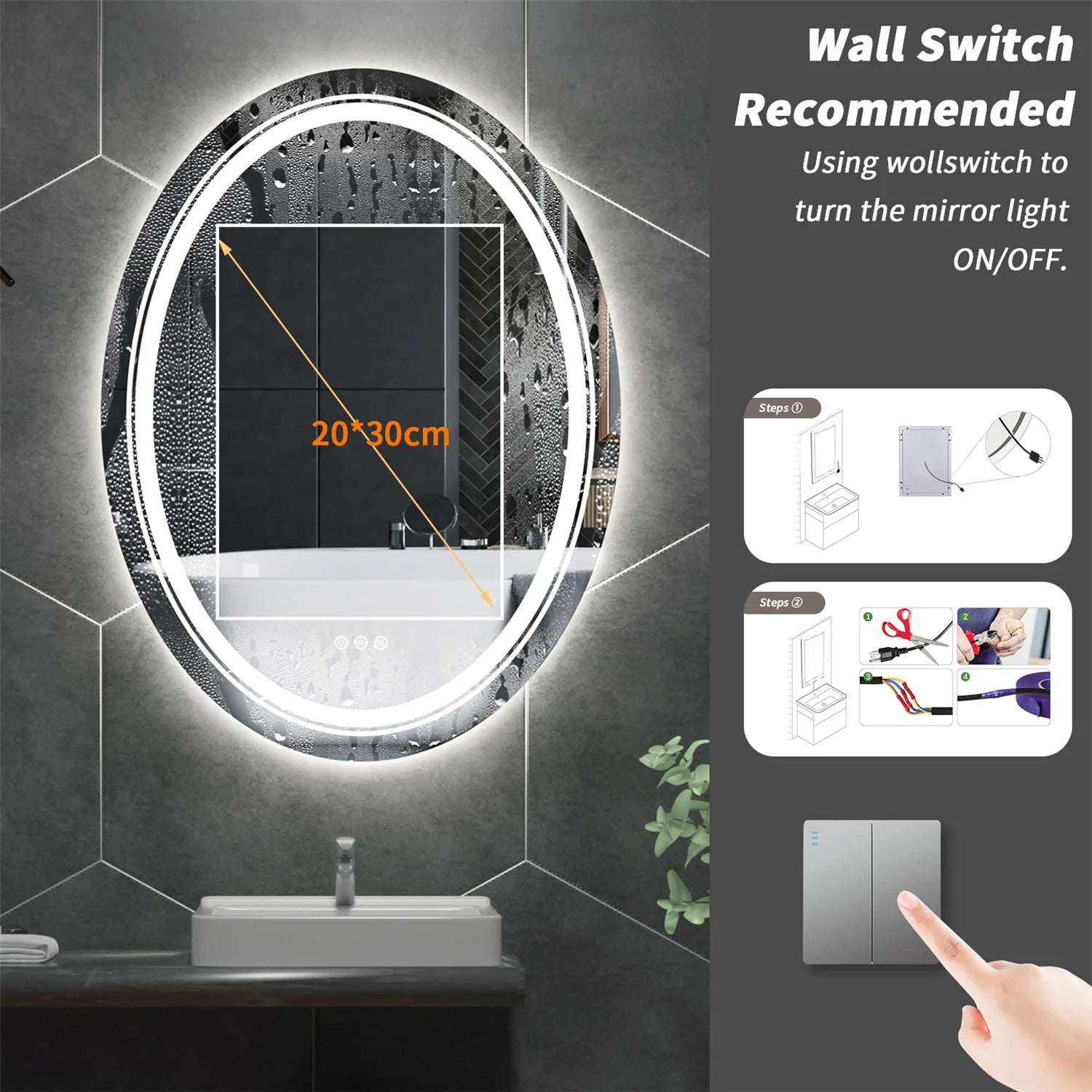 Oval LED Bathroom Mirror Dimmable Light Wall Mounted Makeup Mirror with Demist Illuminated Vanity Mirror