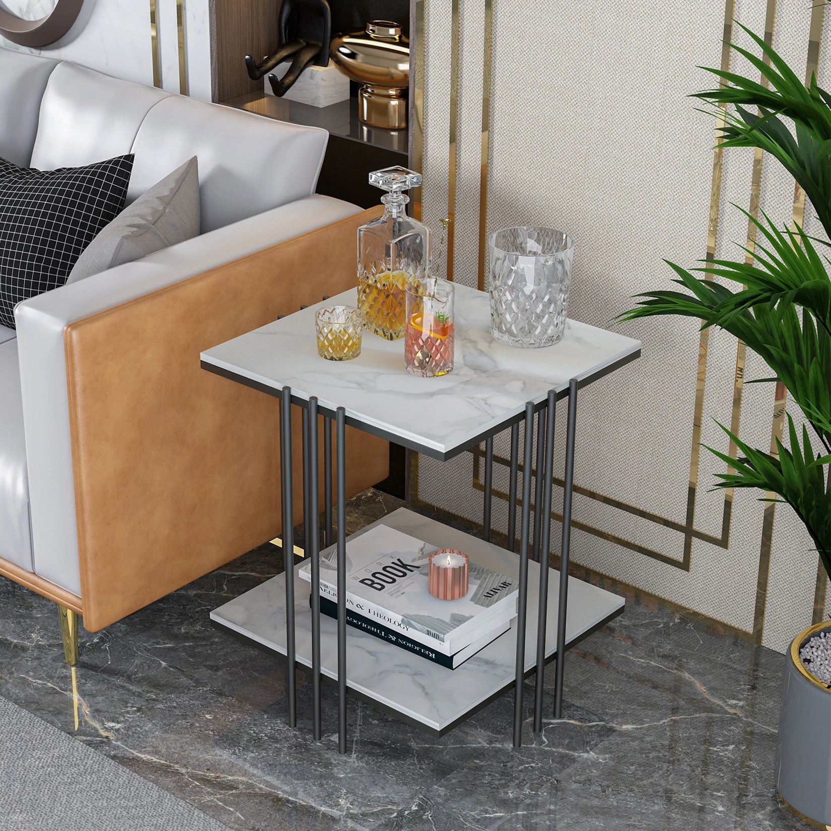 2-Tier Marble Side Table - Modern Coffee Table with Black Metal Frame for Living Room