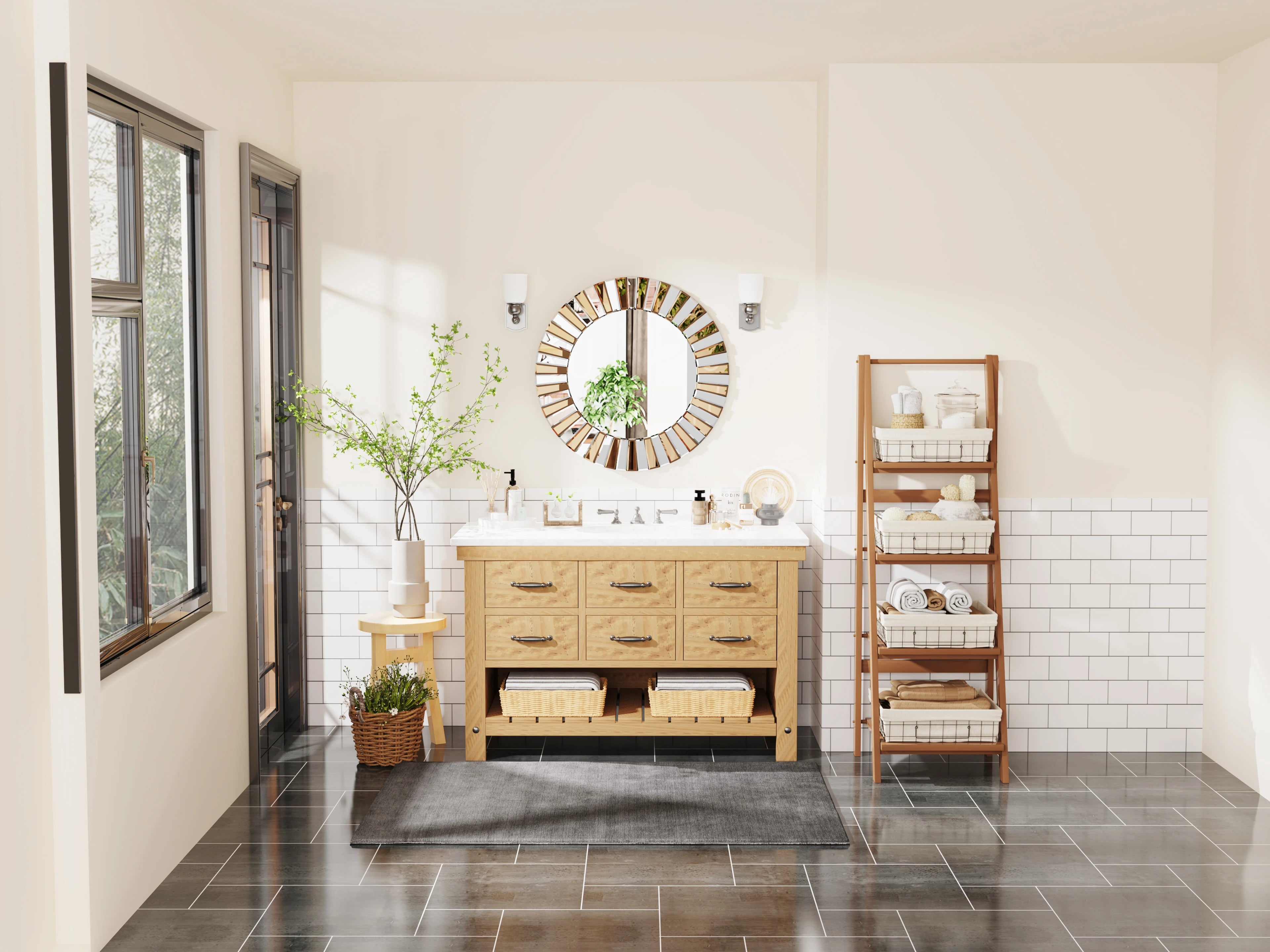 Decorative Mirrors Round Sunburst Wall Mirror Beveled Edge Glass Bathroom Vanity Mirror Hanging Accent Mirrors for Living Room