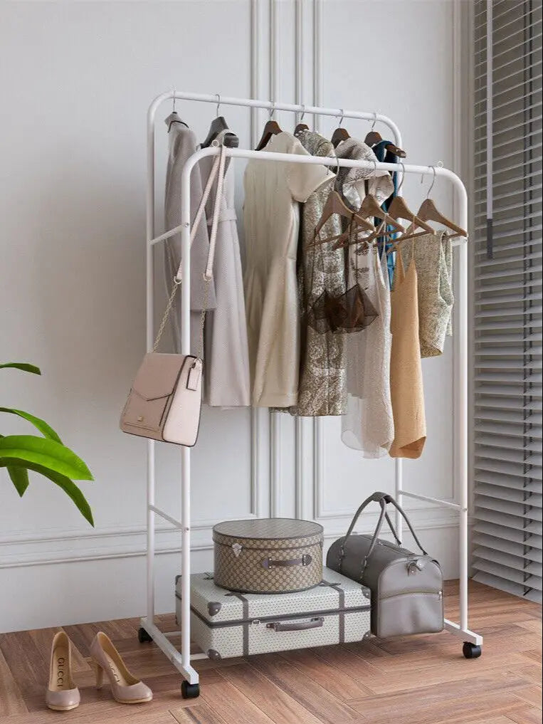 Heavy Duty Clothes Rack Garment Rail Rolling Stand Two Top Rod & Lower Storage