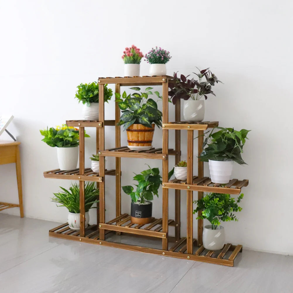 Multi-tiered Plant Stand 9 Tier Carbonized Wood Flower Rack Display Stand Indoor