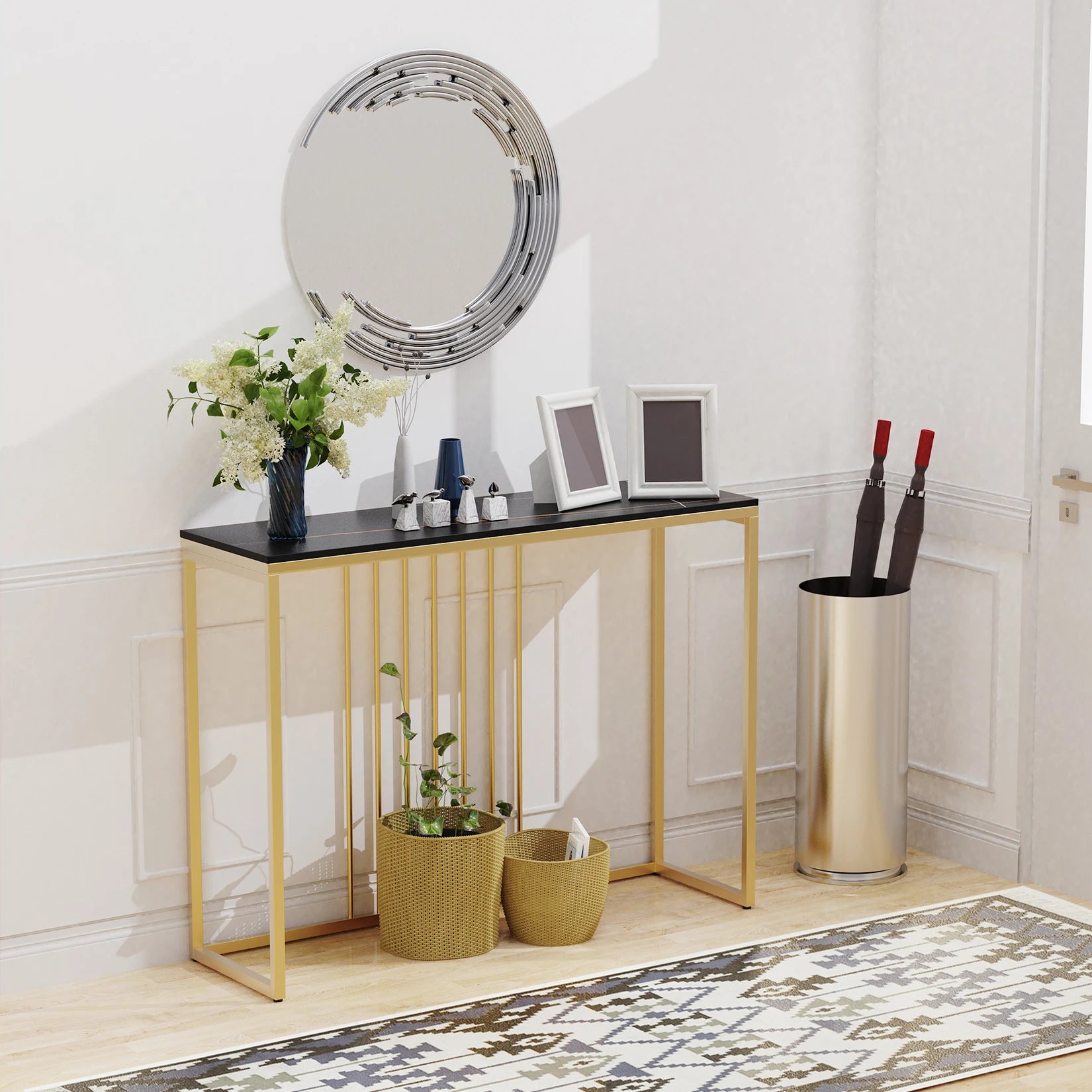 Modern Accent Console Marble Table Gold Metal Frame Storage Display Shelf Narrow Table for Hallway Entryway Living Room Entrance