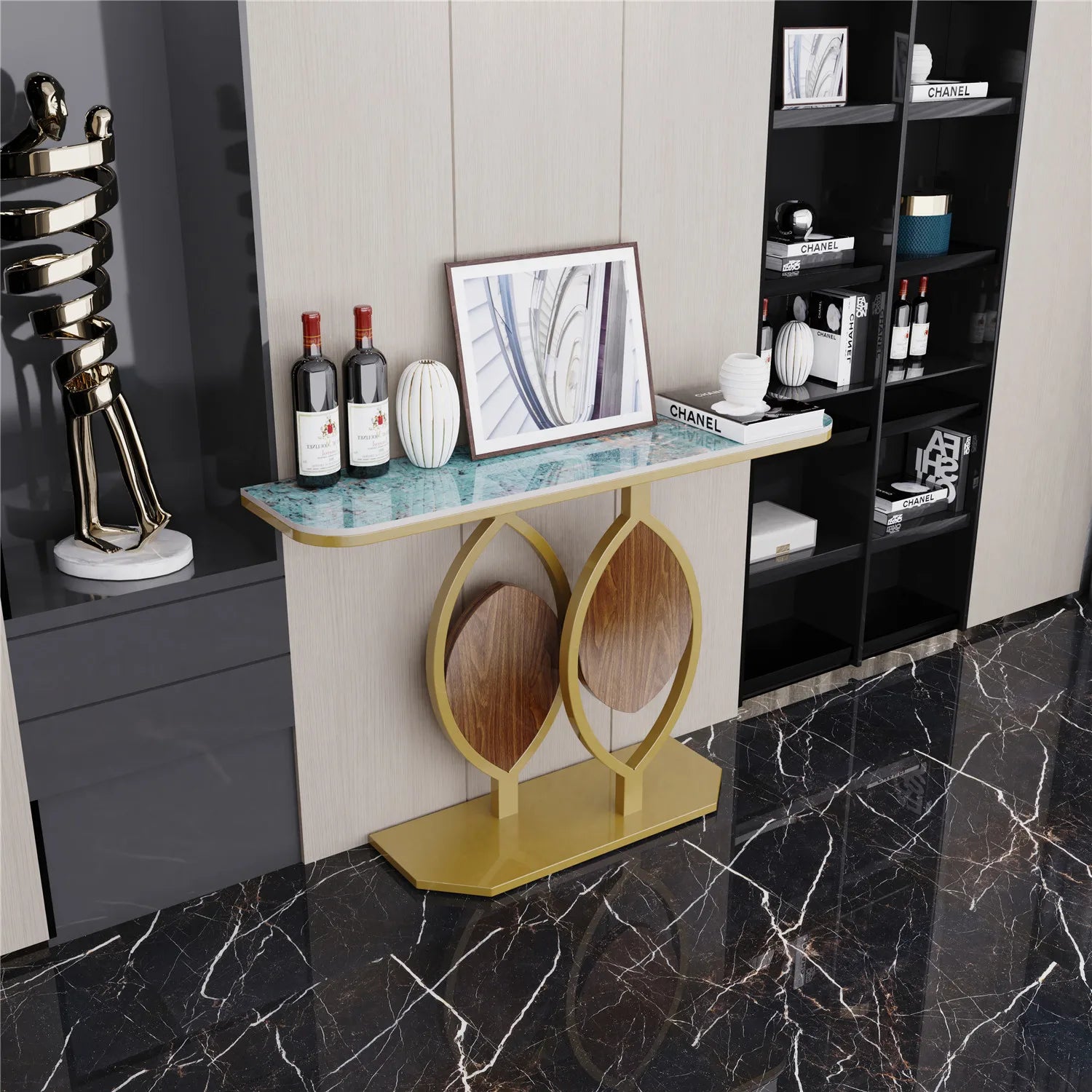 Modern Gold Console Table with Geometric Metal Base, Sintered Stone Narrow Entryway Table Foyer Table for Entrance, Living Room