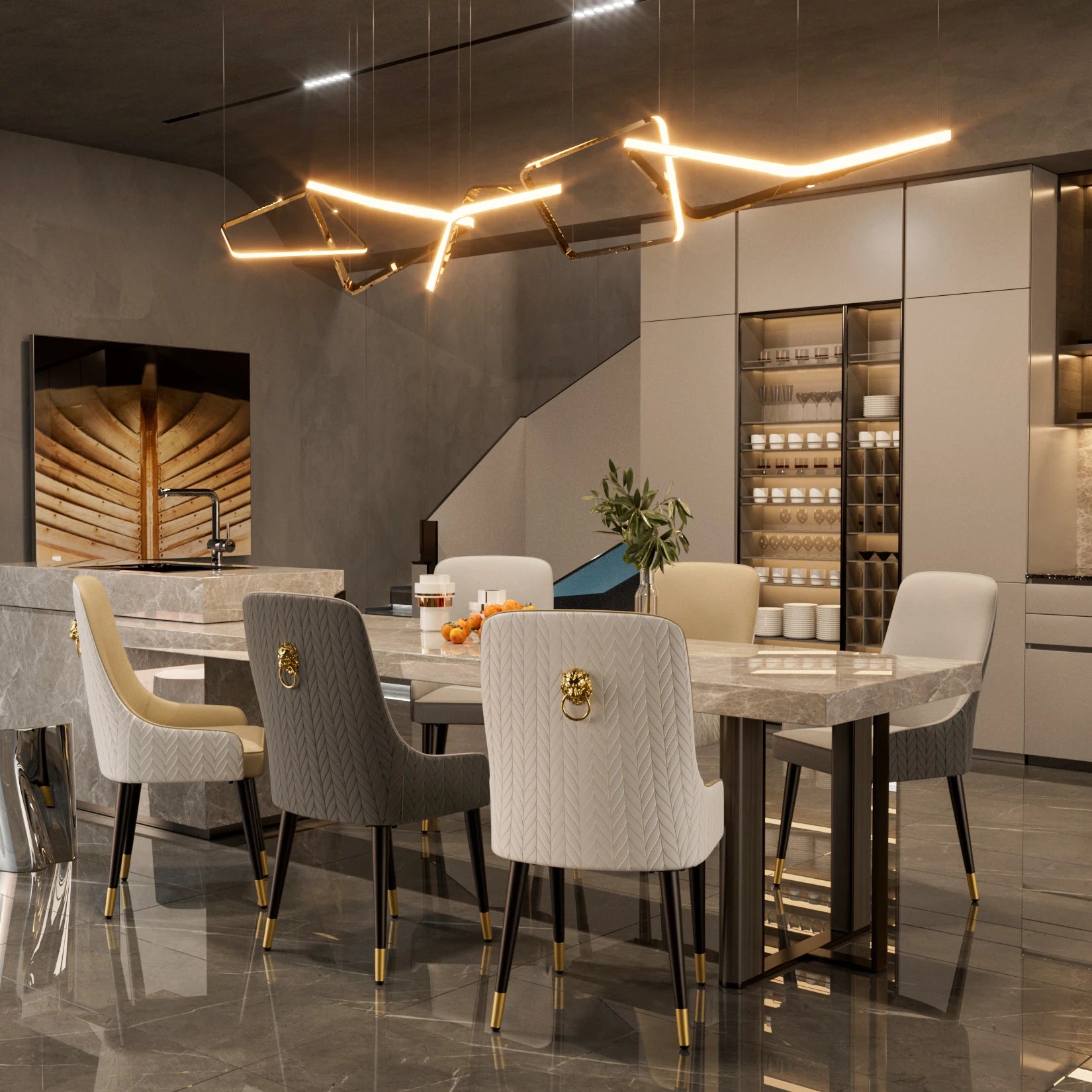 Modern PU Leather Set of 2 Dining Chairs with Metal Legs High Tufted Back Lion Head Pull Ring