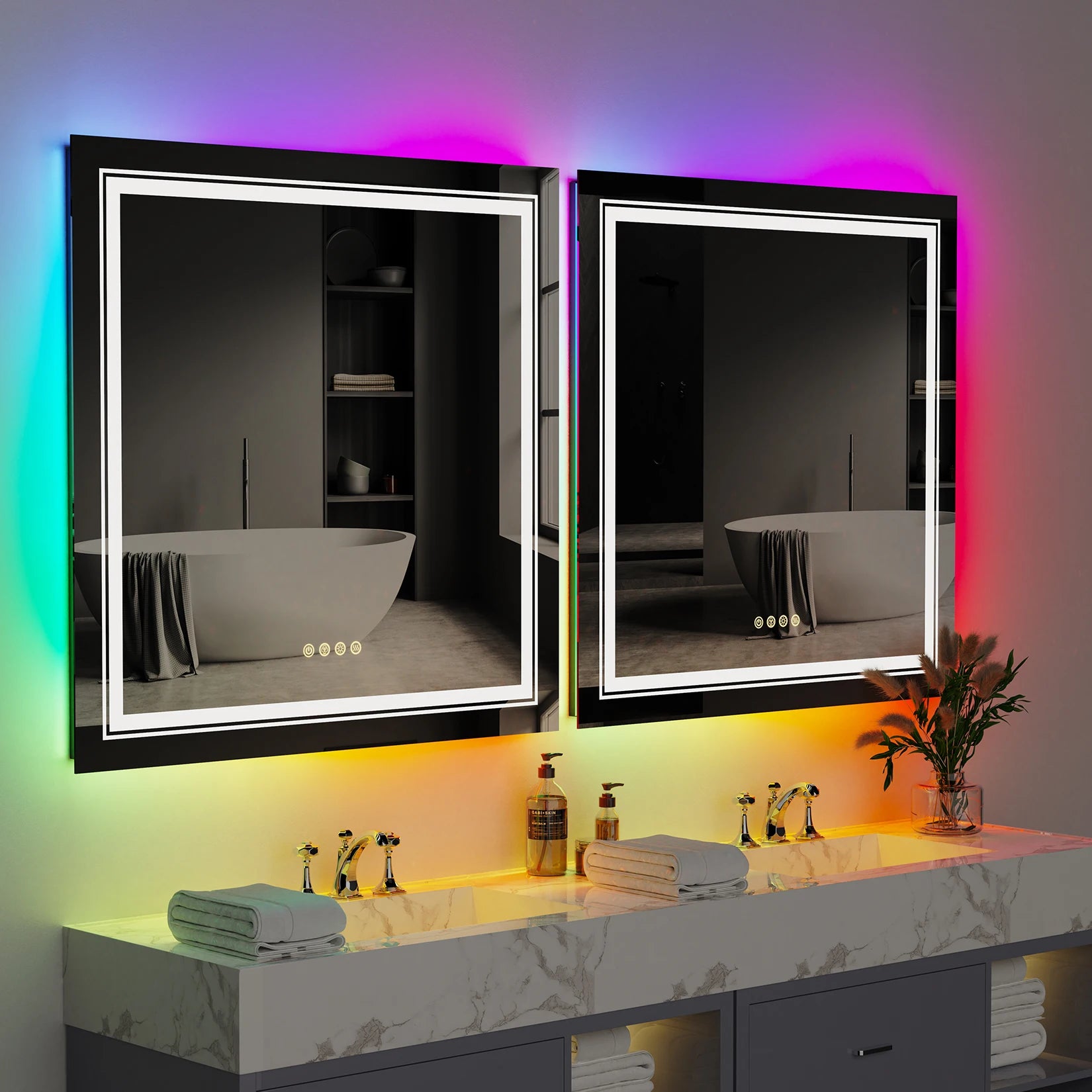 RGB Backlit Front Lighted Mirror 32 Inch Square Dimmable 11 Color Changing Smart Anti-Fog Vanity Mirrors with Light Memory
