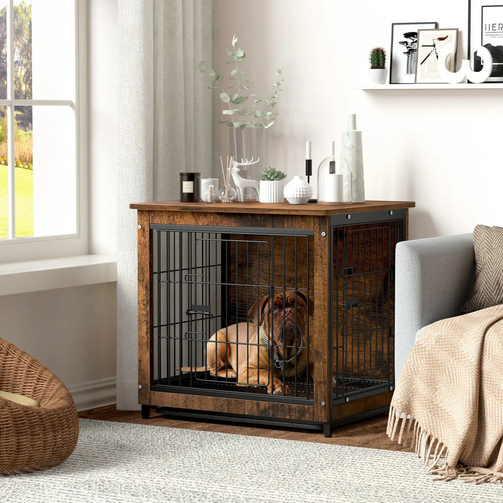 Vintage Dog Cage End Table Indoor Wooden Kennel Pet Crate with Double Doors Removable Tray