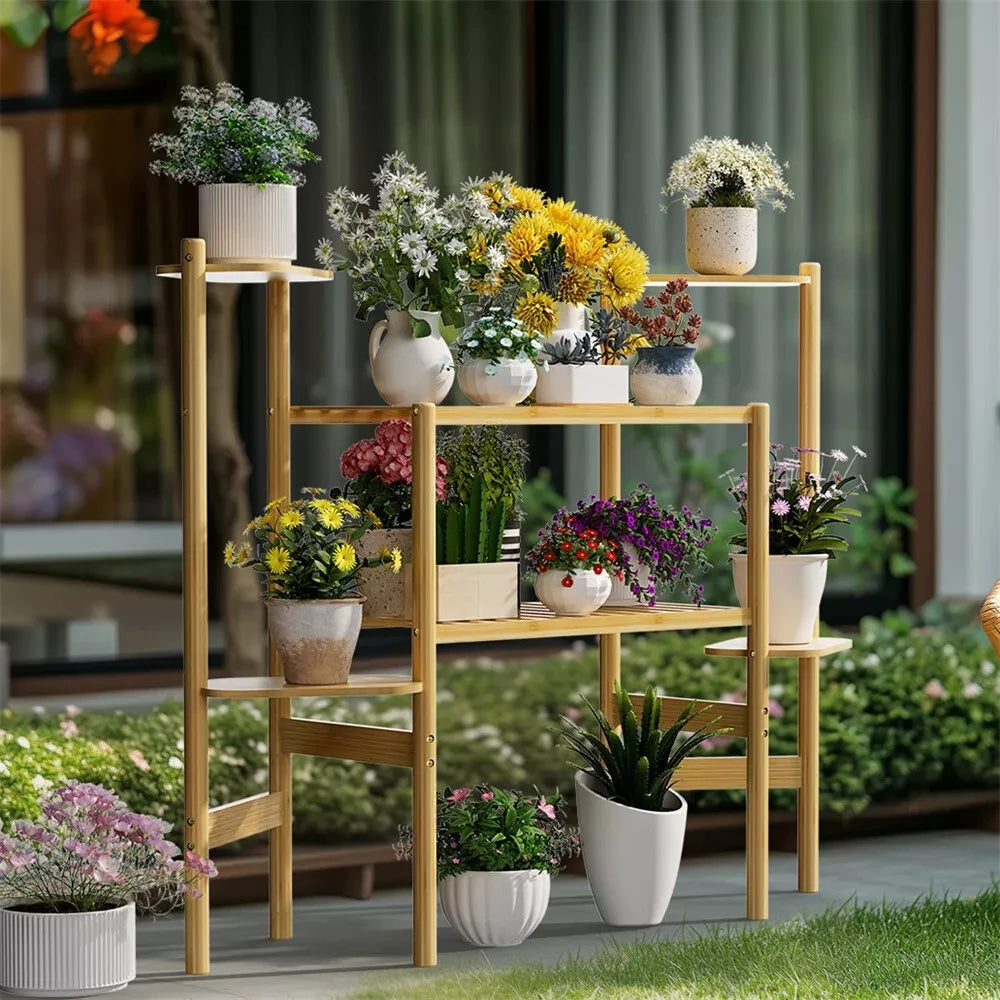 Wisfor Bamboo Plant Shelf Indoor 6 Tier Tall Corner Plant Shelves Holder & Plant Display Rack for Outdoor Garden Indoor Home