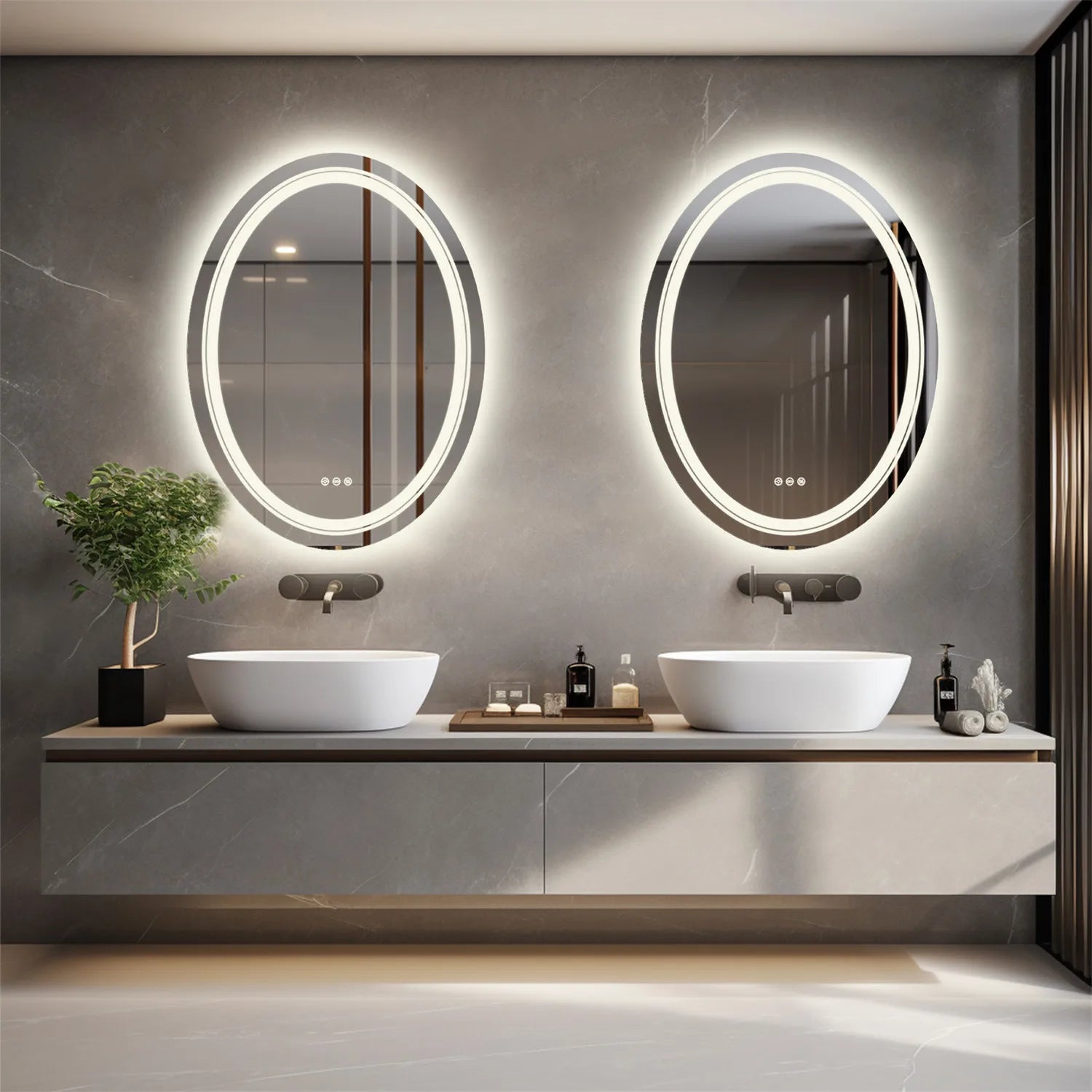 Oval LED Bathroom Mirror Dimmable Light Wall Mounted Makeup Mirror with Demist Illuminated Vanity Mirror