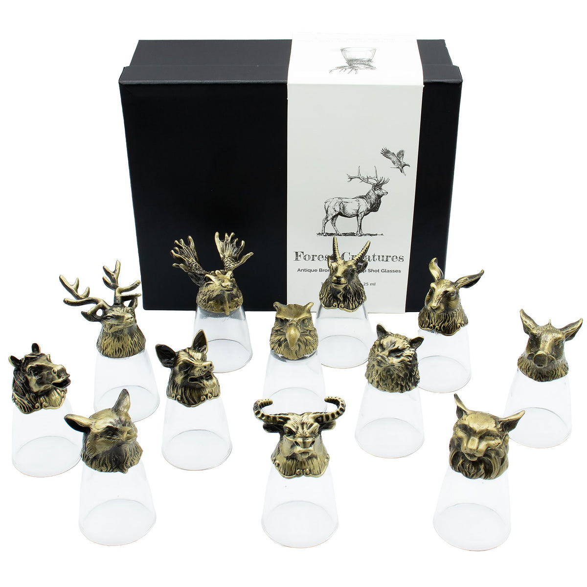Gift Set of 12 Bottom Up Shot Glasses (25ml) - Forest & Mystical Creatures - Antique Bronze