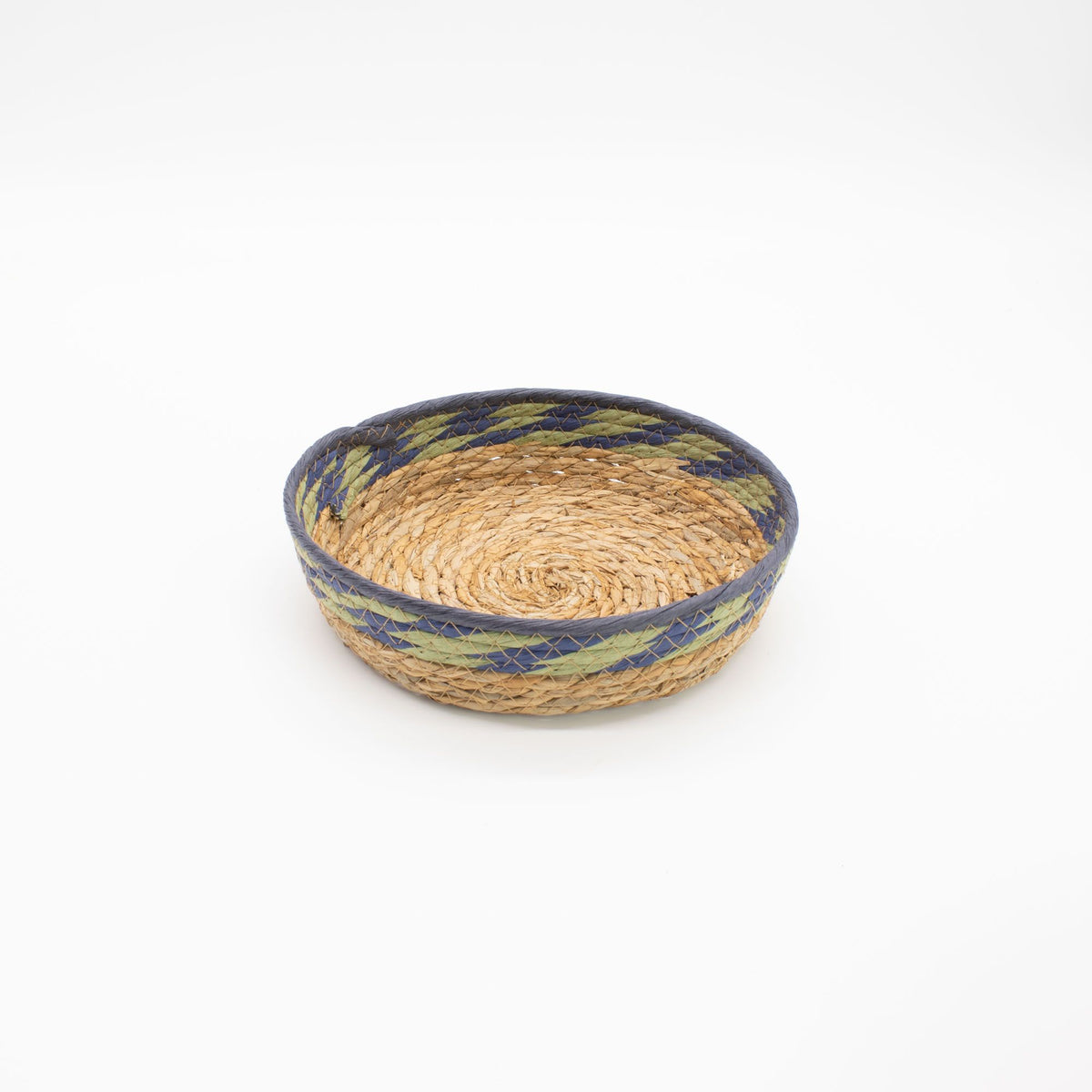 Straw & Seagrass Tray Baskets - Natural Green & Blue- Set of 3