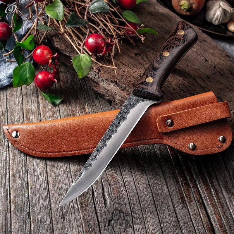 Handmade Forged Chef's Knife – High Carbon Steel with Leather Sheath & Wenge Wood Handle for Kitchen & BBQ