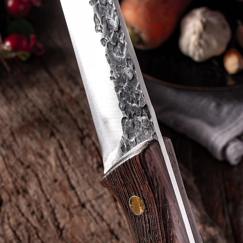 Handmade Forged Chef's Knife – High Carbon Steel with Leather Sheath & Wenge Wood Handle for Kitchen & BBQ