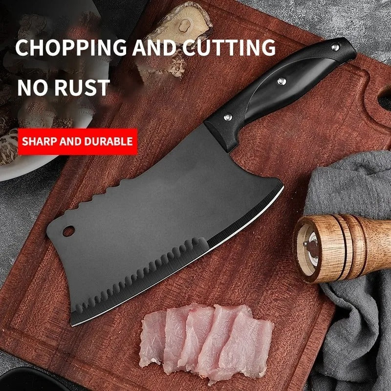 Chef's Meat Cutting Knife Stainless Steel Black Blade Kitchen Knife Slicing Knife Meat Vegetables Knife Sharp Camping Cooking Cleaver Chef Butcher