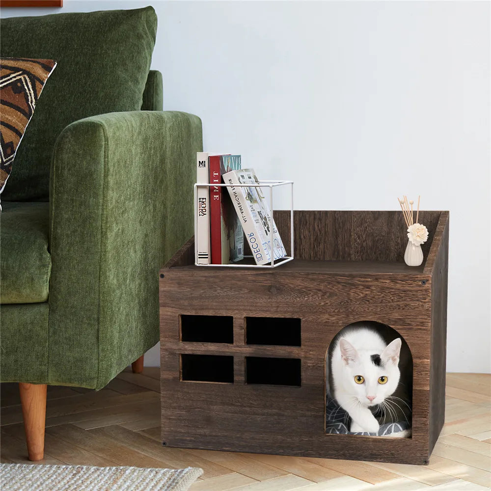 Durable Wooden Cat Cave Bed Furniture Kitten Sleep Lounge House Bed with Cushion Pad Litter Box for Indoor Cats