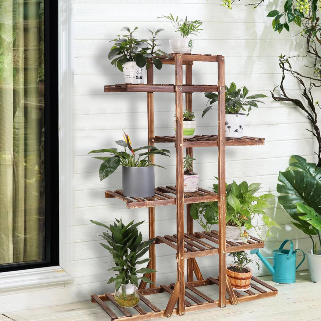 6 Tier Wooden Plant Stand Carbonized Wood Plant Stand Holder Flower Display Stand Flower Pot Rack Bonsai Display Bench Patio She