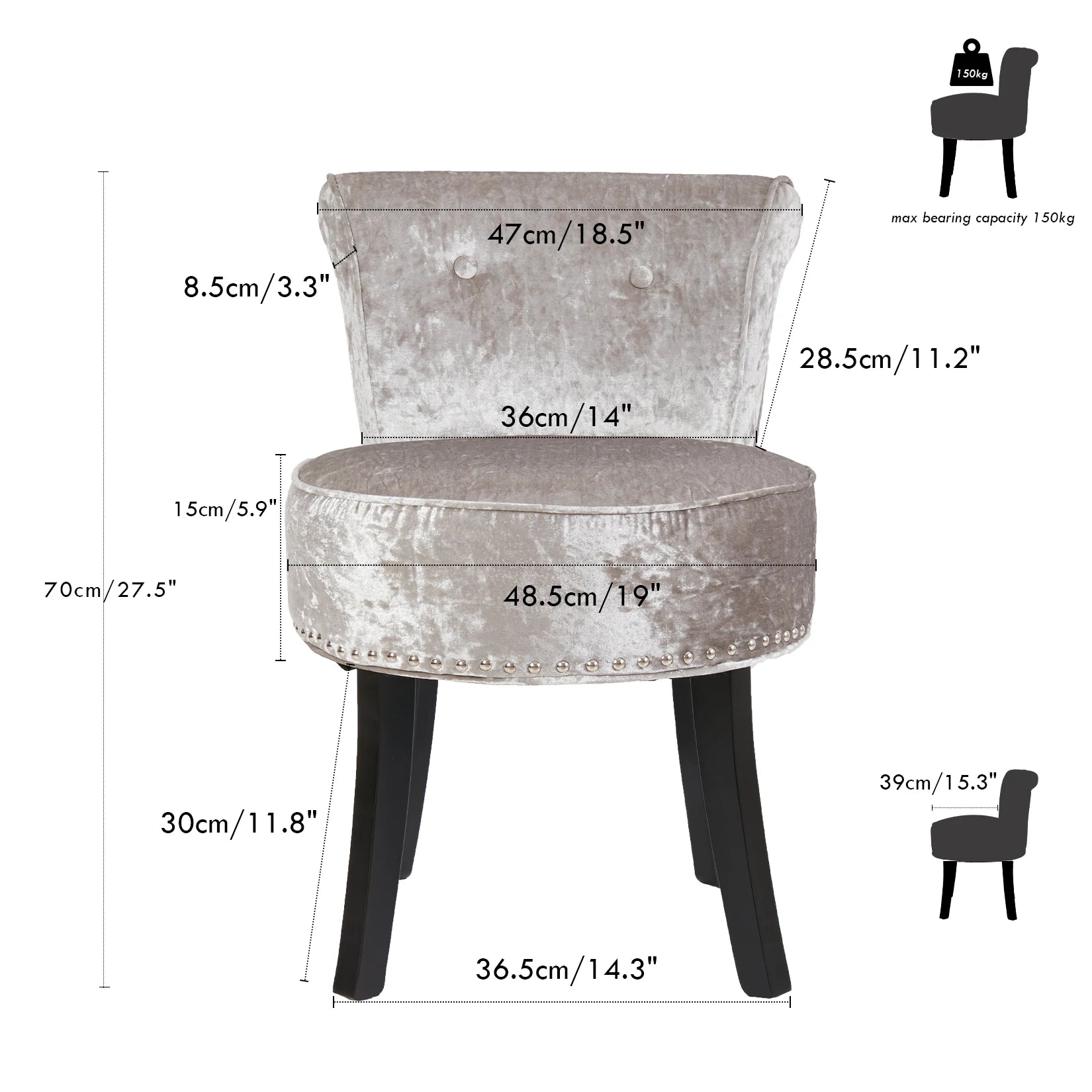 Vanity Stool Chair Makeup with Upholstered Round Velvet  Padded Chair with Wood Legs Grey Pink