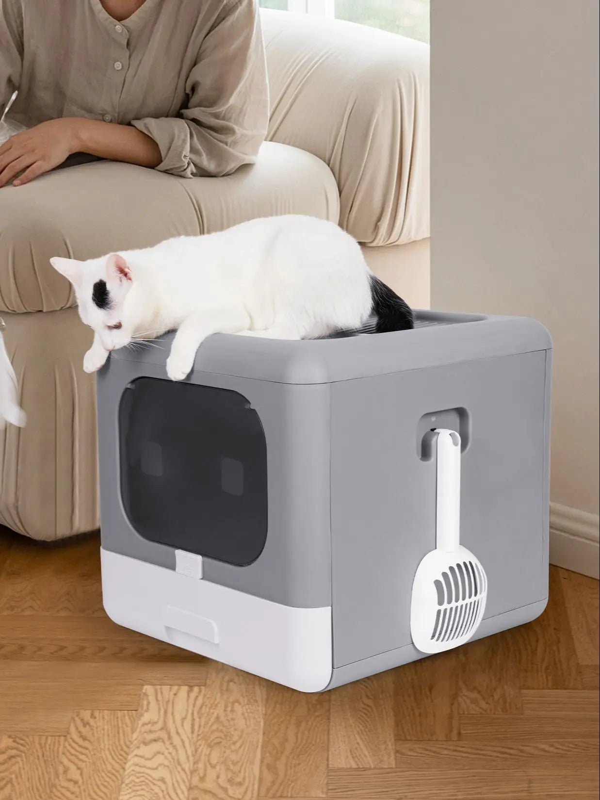 Cat Litter Box Foldable Top Entry Litter Box with Cat Litter Scoop Drawer for Medium and Large Cats