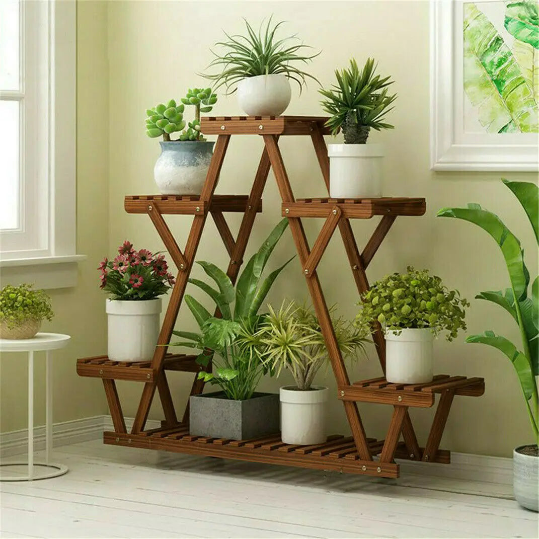 6 Tiered Wood Plant Stand Indoor Outdoor Carbonized Triangle Corner Plant Rack