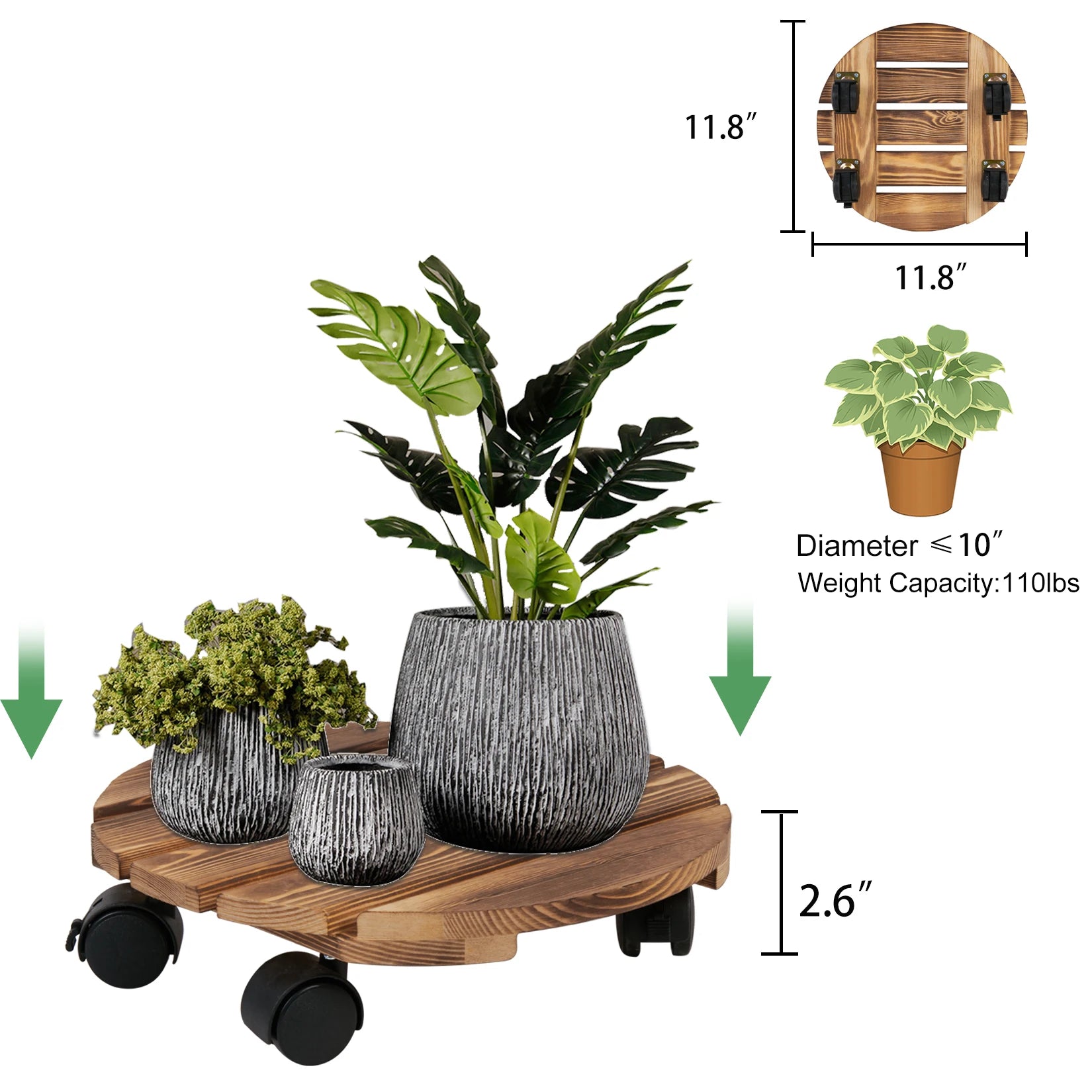 2 pack Plant Caddy 12’’Wood Duty Round Plant Roller with 2 360° Lockable Caster Wheels,Indoor Outdoor on Roller Patio/Flower Pot