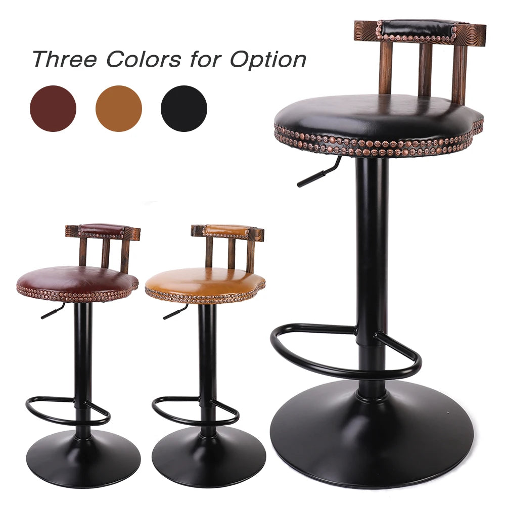 Set of 2 Retro Adjustable Round Leather Seat Bar Stool High Leg Elegant Swivel Backed Barstool Hydraulic Chair