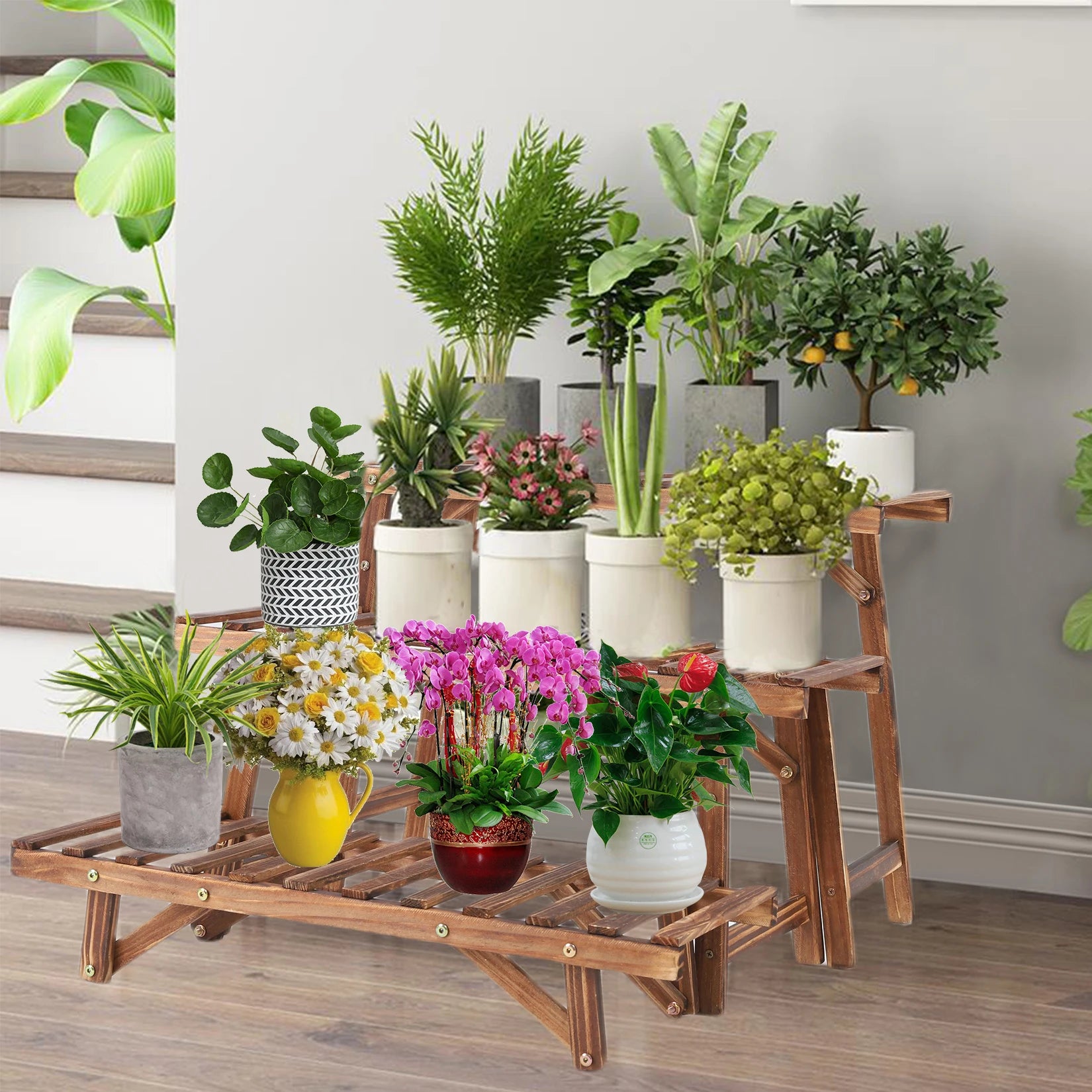 3 Tier Freestanding Ladder Shelf Wood Plant Stand Indoor Outdoor Plant Display Rack Flower Pot Holder Planter Organizer