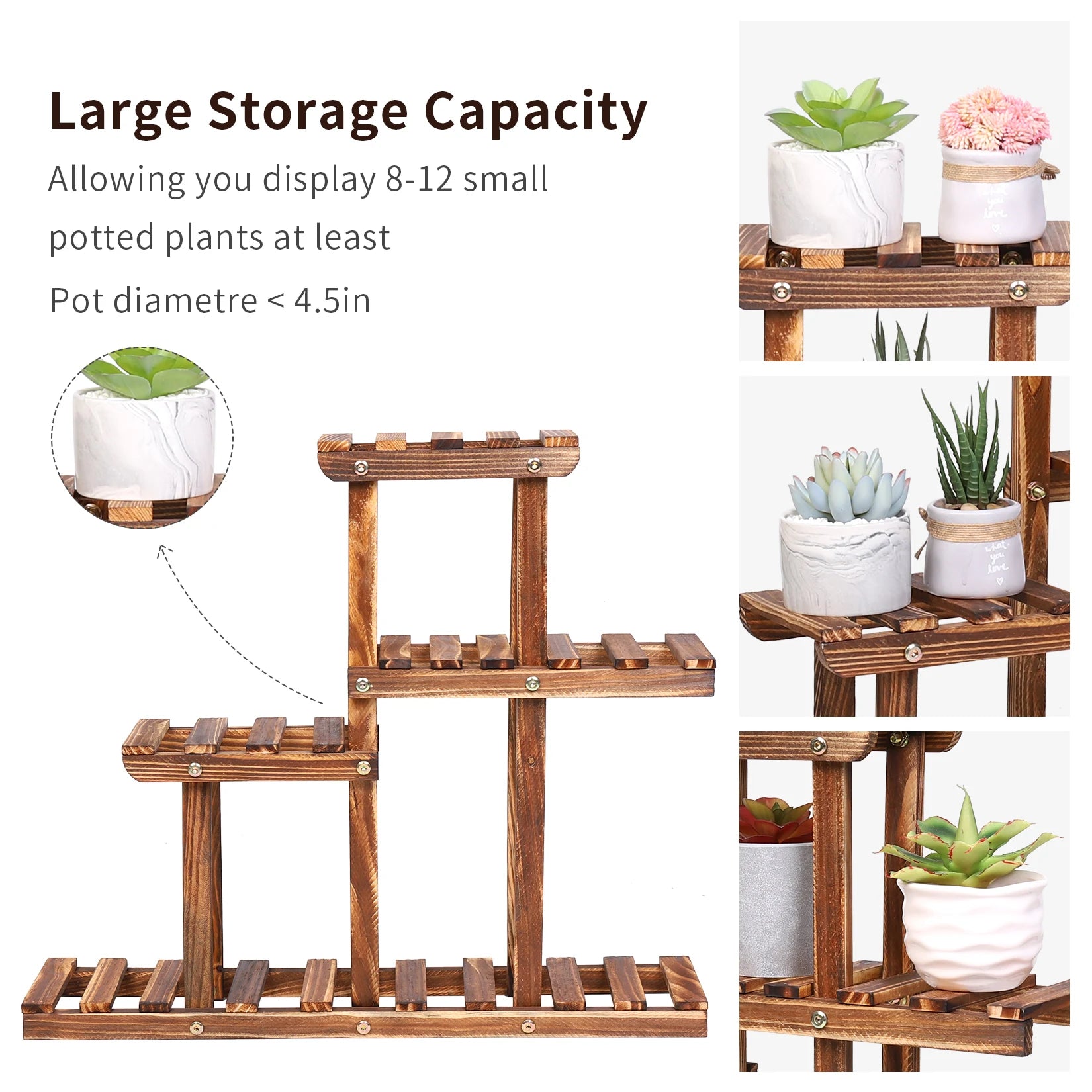 Carbonized Wood Plant Stand Multi Tier Succulent Rack Mini Desktop Plant Holder for Outdoor Balcony Garden