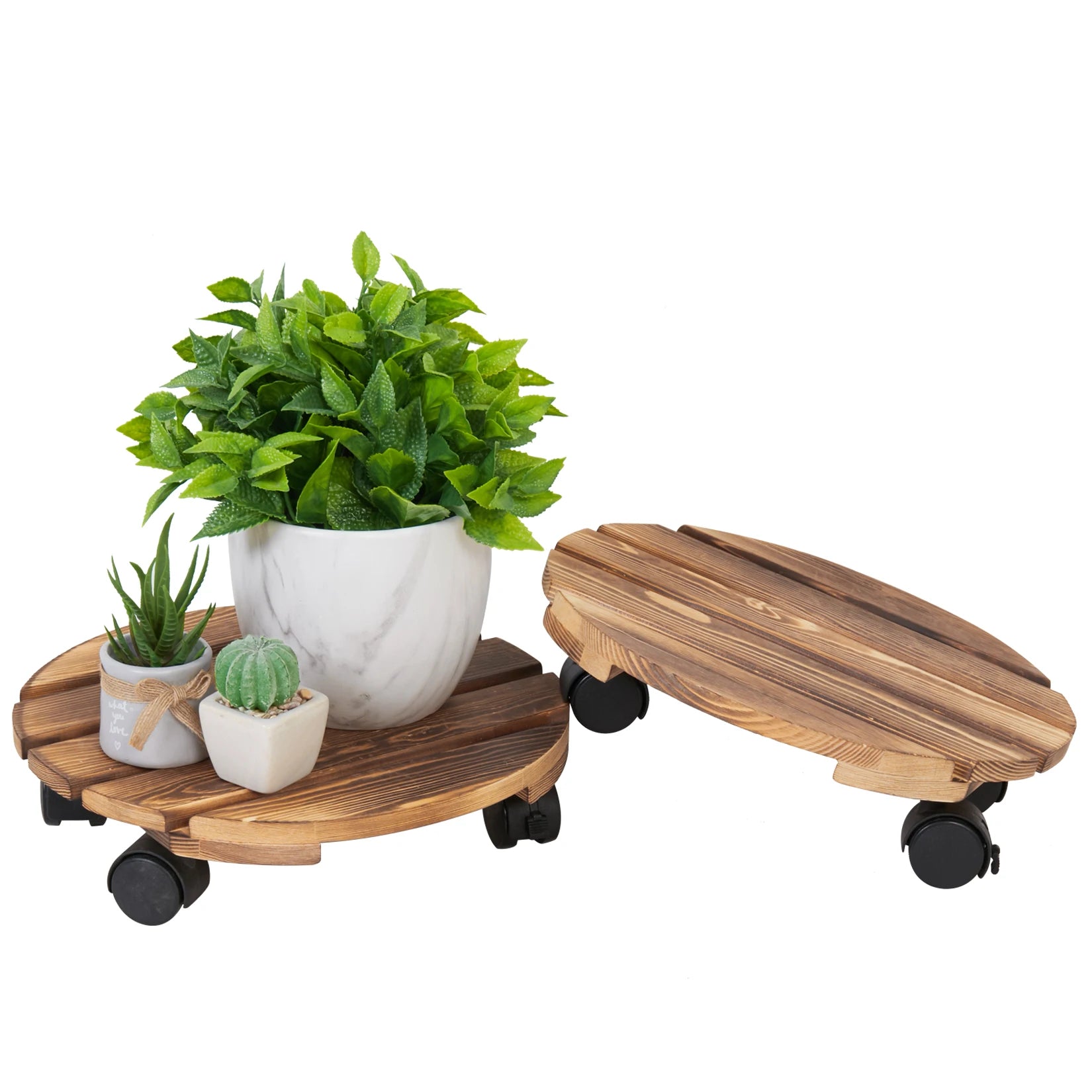 2 pack Plant Caddy 12’’Wood Duty Round Plant Roller with 2 360° Lockable Caster Wheels,Indoor Outdoor on Roller Patio/Flower Pot