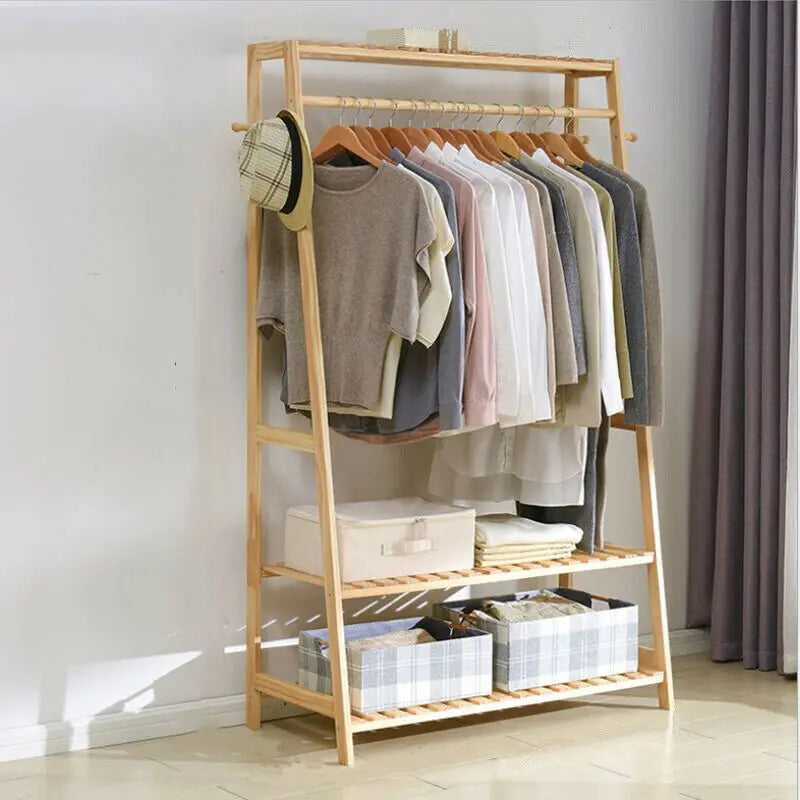 Bamboo Garment Coat Clothes Hanging Heavy Duty Rack with top shelf and 2-tier Shoe Clothing Storage Organizer Shelves