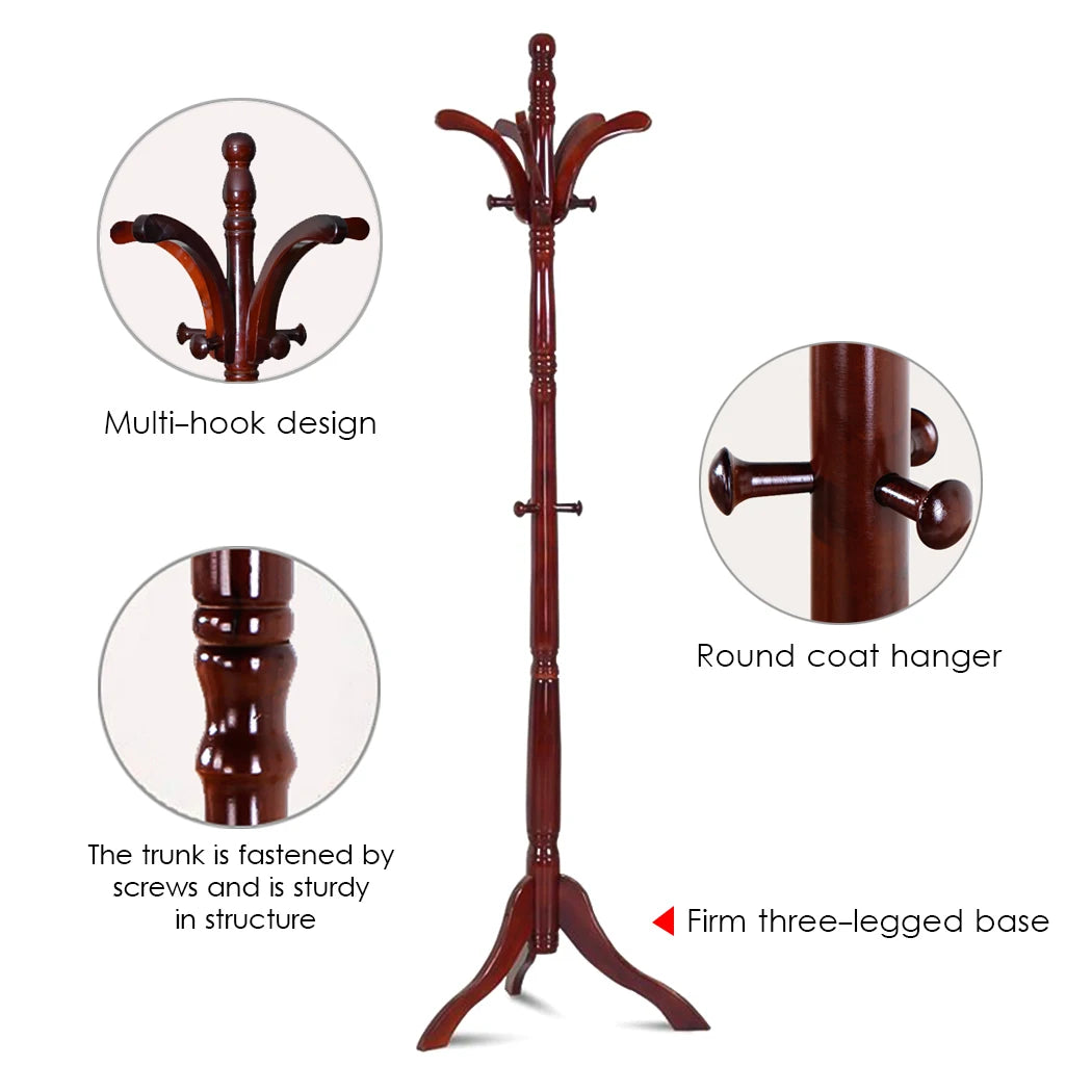 Solid Birch Wood Coat Racks Stand Floor Standing Hanger Rack with Tripod Base for Purse Clothes Hat Umbrella Jacket Coat