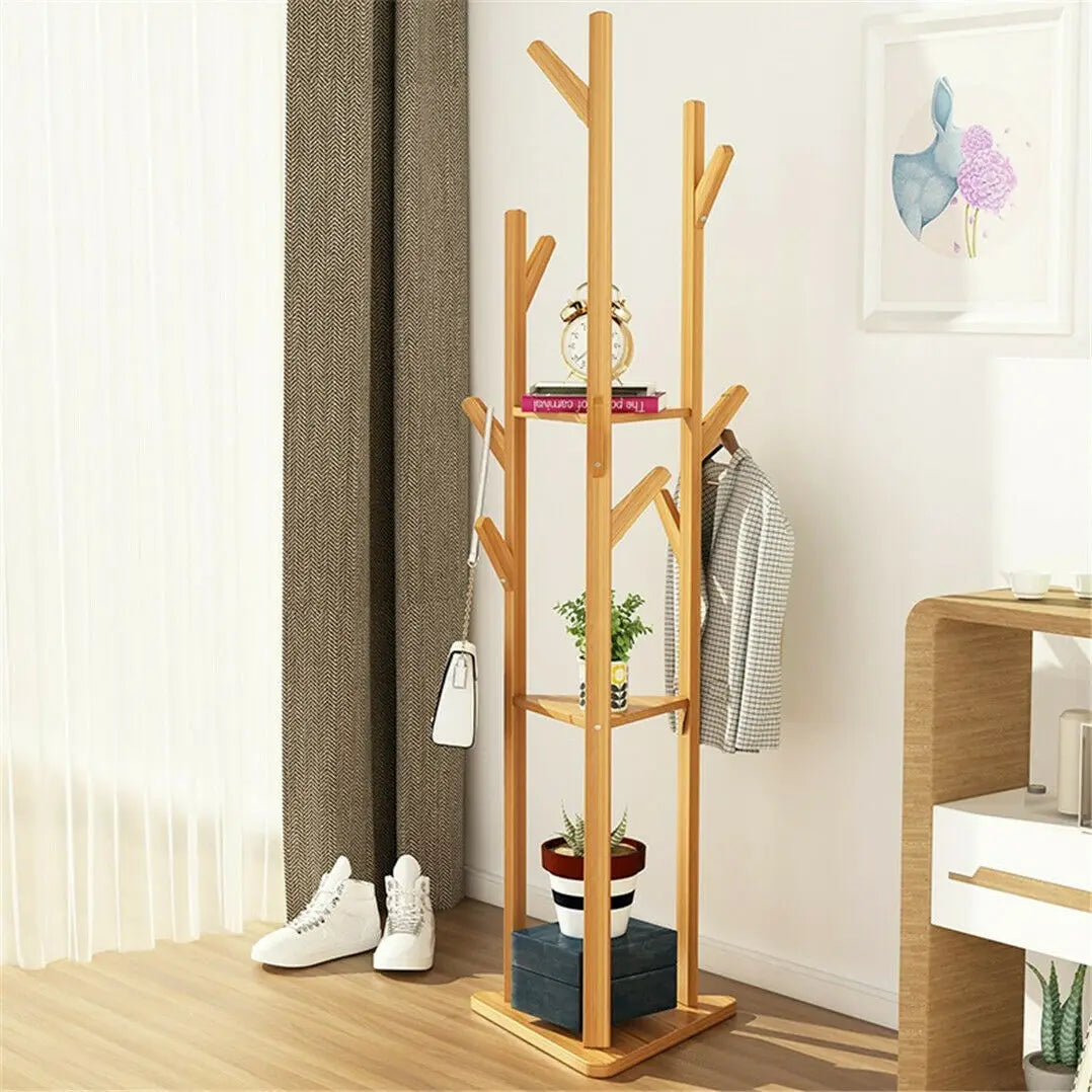 Bamboo Coat Rack Tree Cloth Hanger 9 Hooks 3-Layer Shelf Stand Hallway Living Room for Hat,Clothes,Scarves,Handbags,Umbrella