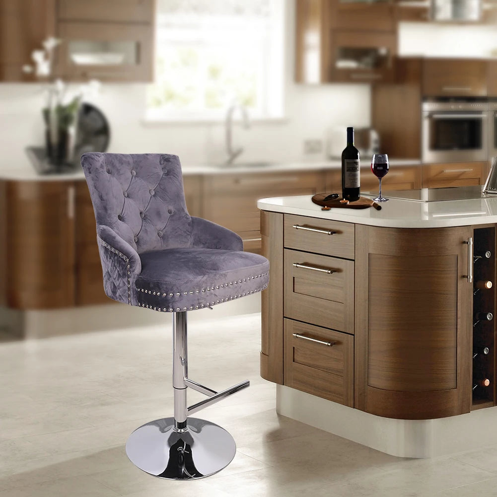 Luxury Black Velvet Swivel Bar Stool with Lion Knocker & Cross stitch High Back